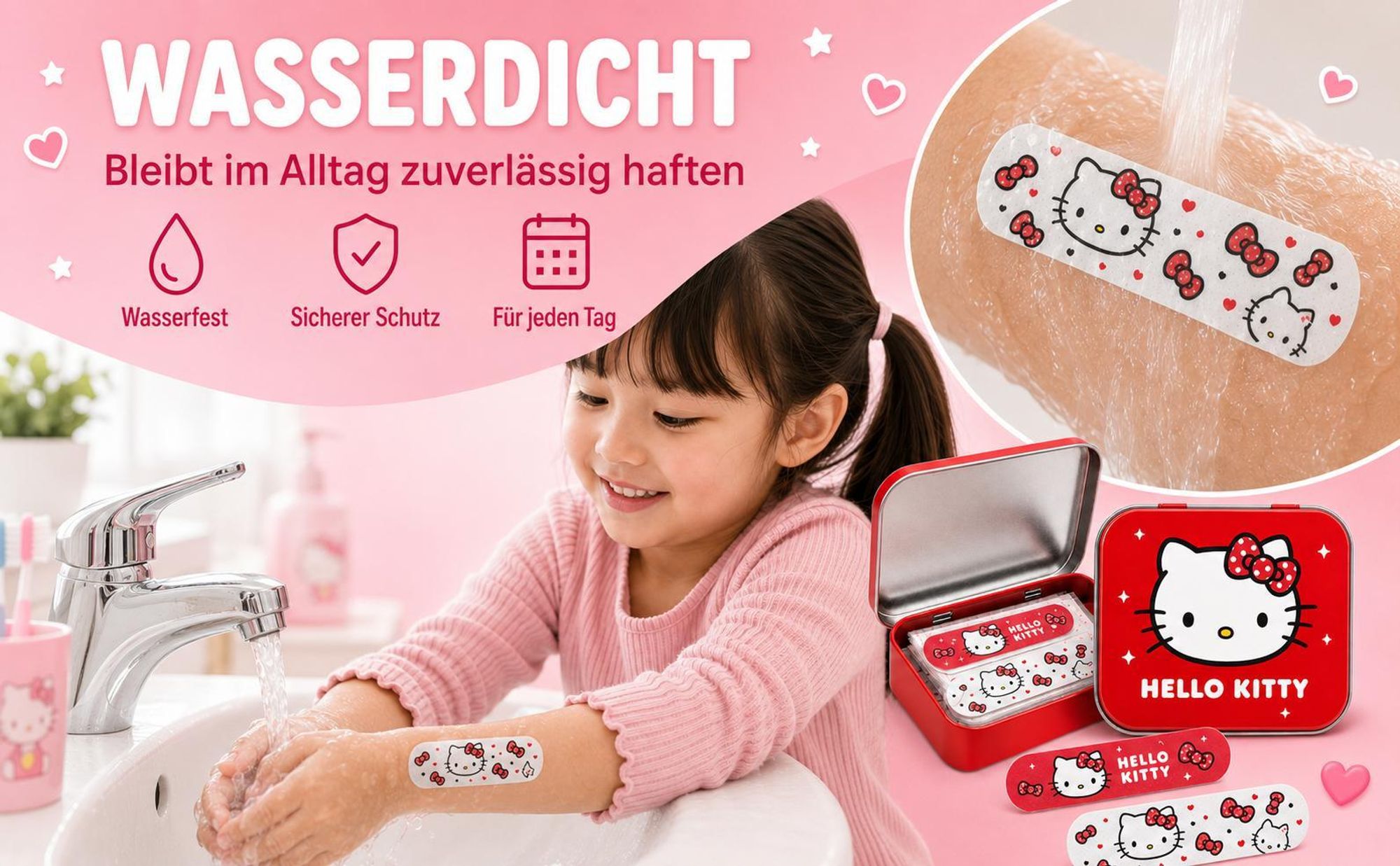 Hello Kitty Rot Kinderpflaster Lizensiertes Produkt - Metall-Box - 24 Pflaster - Schönes Design Pflaster Aufbewahrungsbox für Kinder - 1 Box