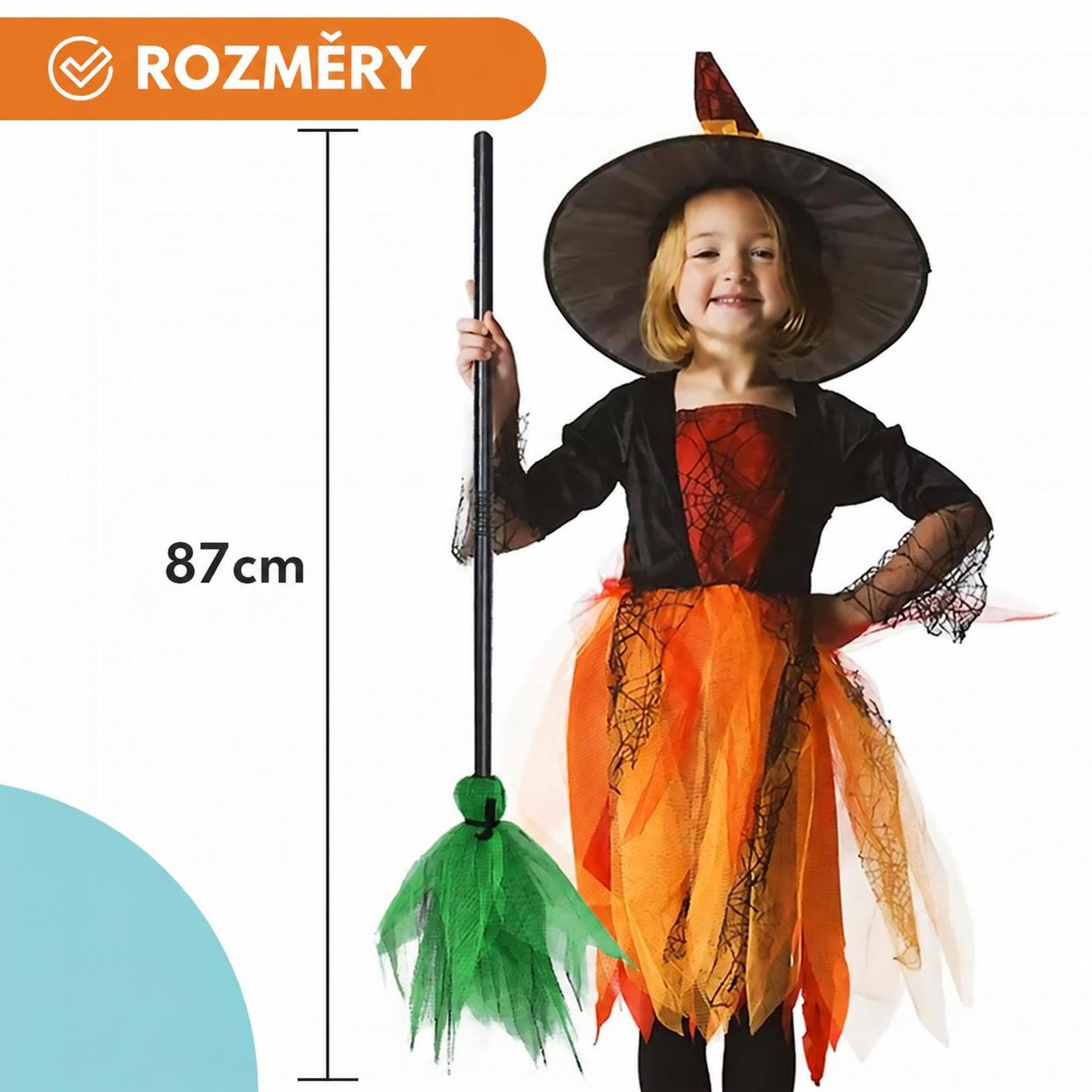 KRUMAD čarodějnické koště zelené 87 cm - skládací, lehké a robustní, kostýmový doplněk pro děti a dospělé, Halloween a karneval