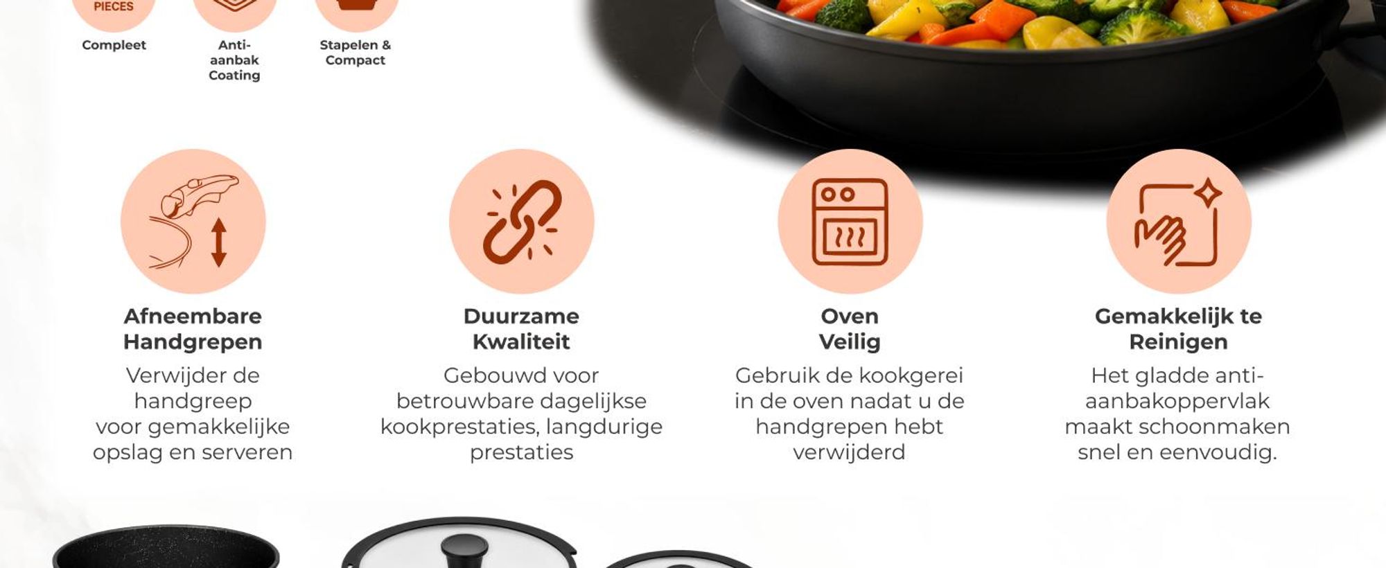 Glissimo Cookware - 15-delige Keramische Pannenset - Afneembare Handgreep - Non-stick - vrij
