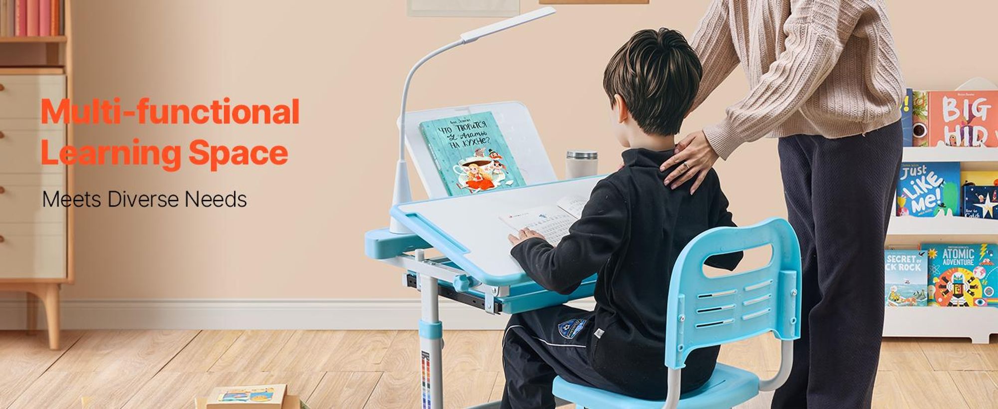 VEVOR Schreibtischset Kinderschreibtischstuhl Höhenverstellbar (53-71 cm) Tragkraft (100 kg) 0-40° Neigung Tischplatte Geeignet für Schlafzimmer Blau