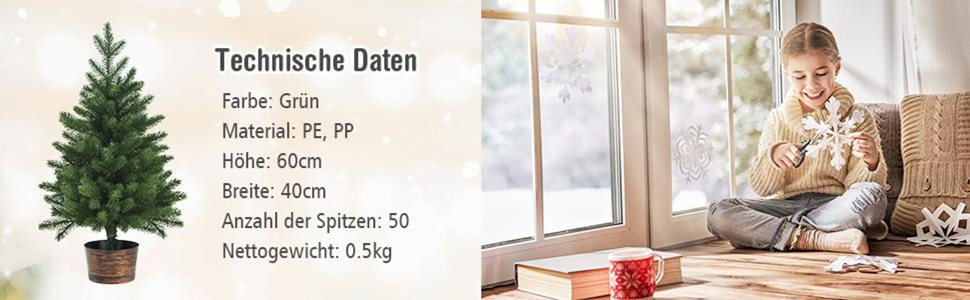 COSTWAY 60cm Kleiner Weihnachtsbaum, Mini Weihnachtsbaum mit 50 Zweigen und Sockel, künstlicher Tisch Weihnachtsbaum Ø40cm für Haus Büro