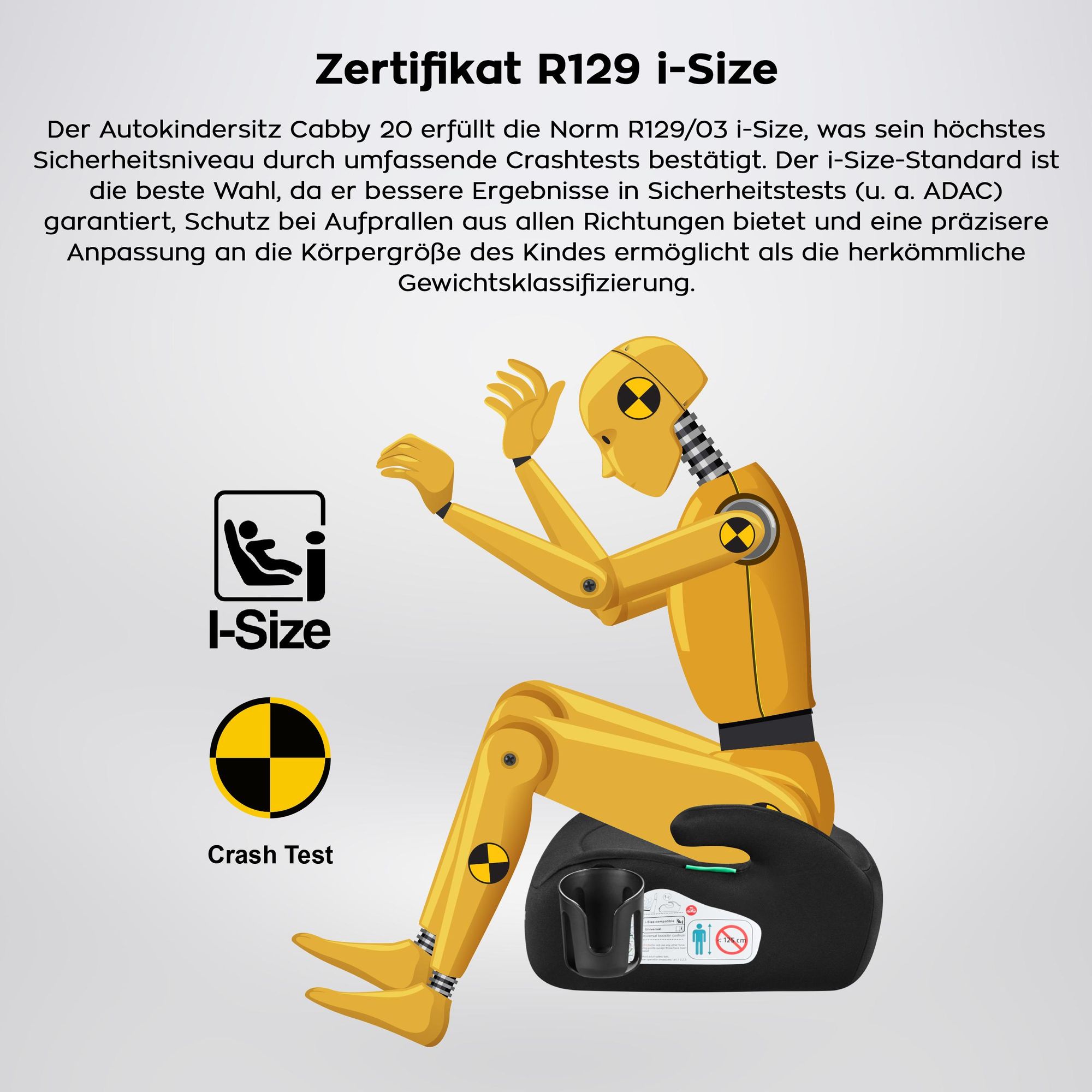 Tulano Cabby 20 Schwarz – i-Size Kindersitz R129, 125–150 cm, vorwärtsgerichtet, Autogurt, Getränkehalter, abnehmbarer Bezug