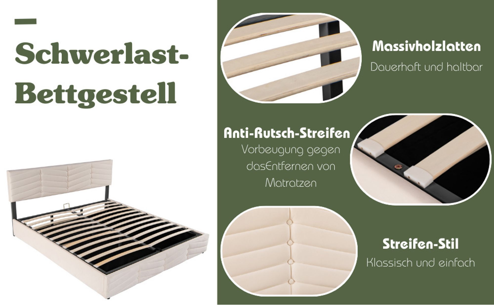 okwish Polsterbett 180 x 200 cm, Doppelbett, hydraulisches Bett, Samt, Streifenstil, Kontinentalbett, höhenverstellbares Kopfteil, Beige