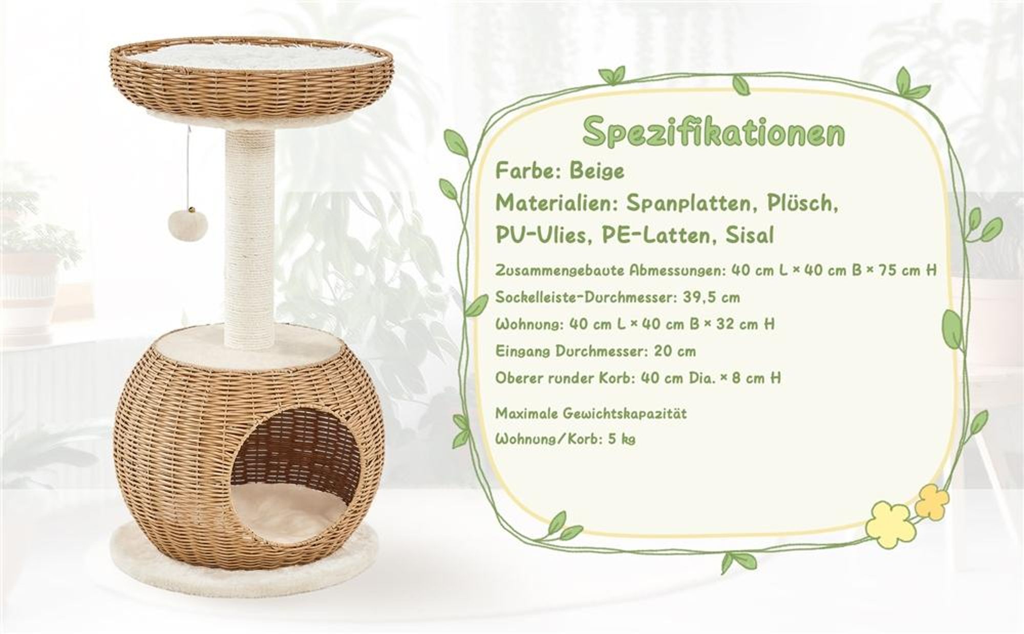 Yaheetech Kratzbaum 75 cm Katzenkratzbaum mit Katzenhöhle Plüschball Katzenkorb Ratten Kletterbaum für große Katze Stabiler Sisal Katzenmöbel Beige