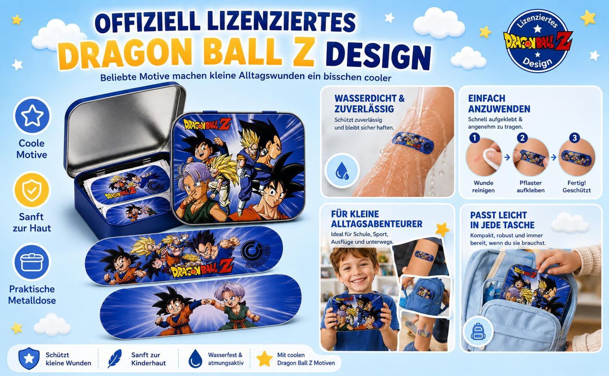 Dragon Ball Z Kinderpflaster Lizensiertes Produkt - Metall-Box - 24 Pflaster - Schönes Design Pflaster Aufbewahrungsbox für Kinder - 1 Box