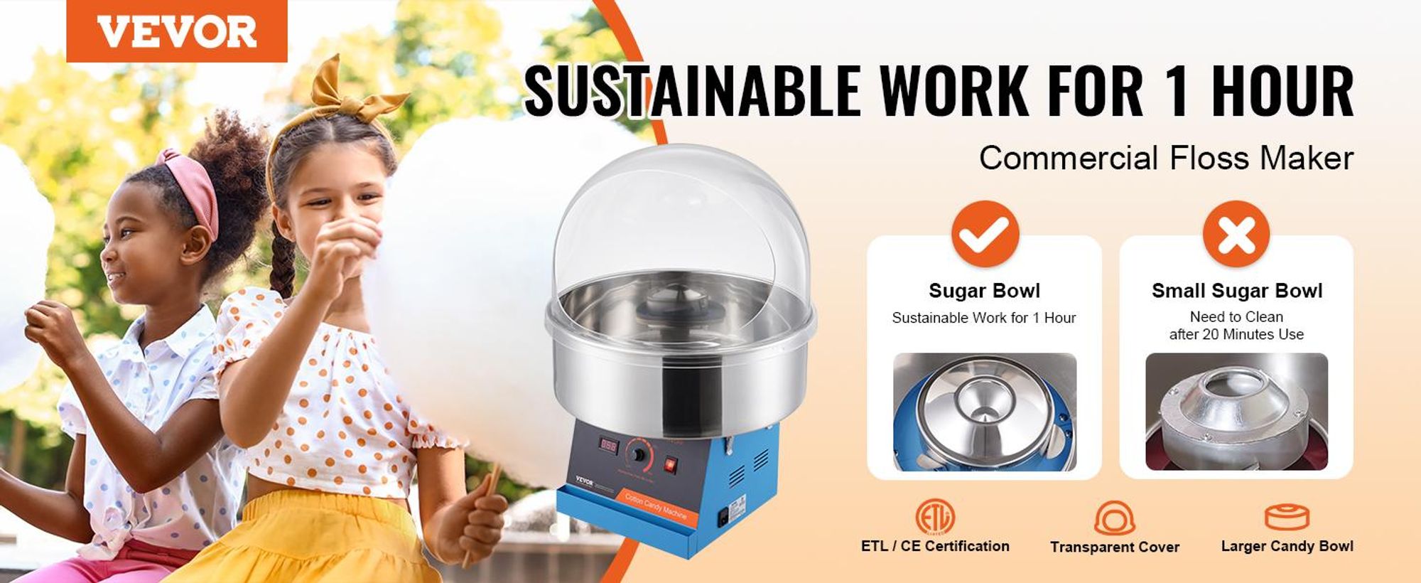 VEVOR Elektrische Zuckerwattemaschine, 1000 W Zuckerwattegeräte, Kommerzielle Zuckerwattemaschine mit Abdeckung, Edelstahlschüssel & Zuckerlöffel, Perfekt für Familienfeiern, Partys (Blau)