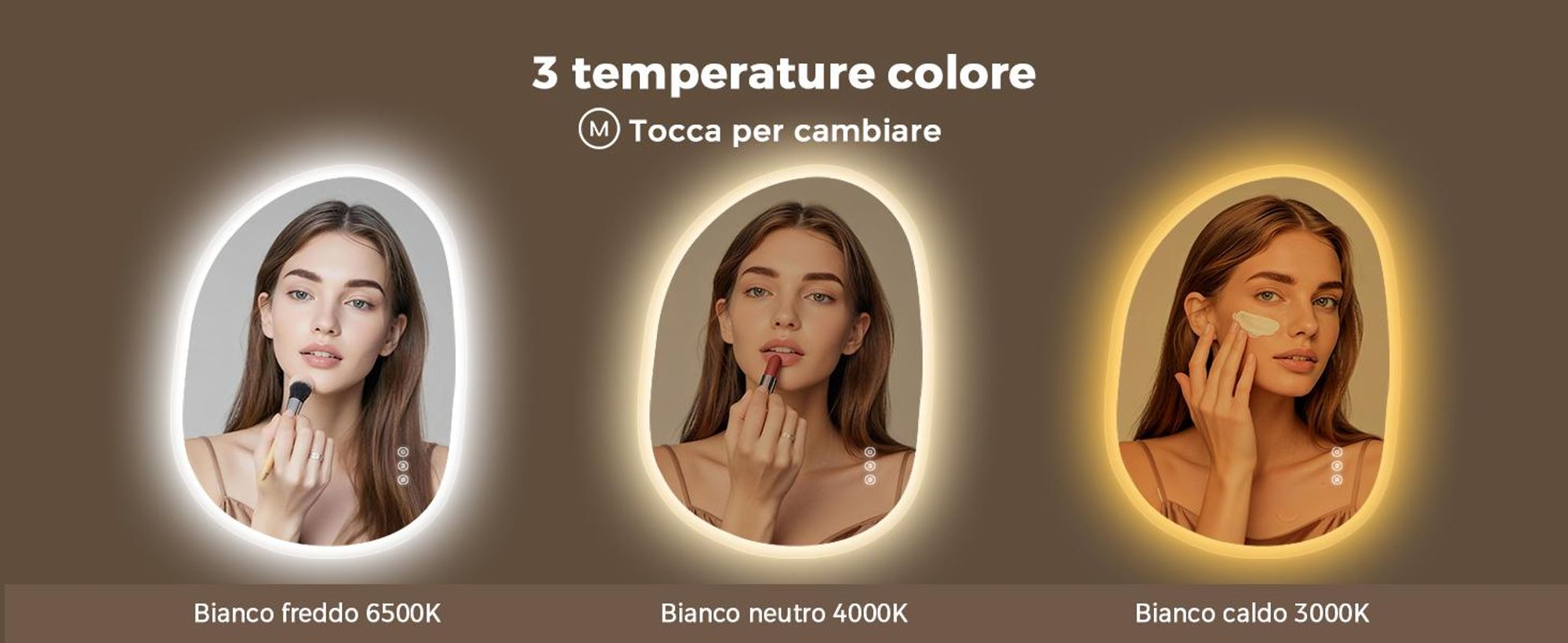 Specchio da bagno LED S'AFIELINA, 50x70 cm, asimmetrico, senza cornice, con dimmer, 3 tonalità di luce, antiappannamento, funzione di memoria, specchio da parete per bagno