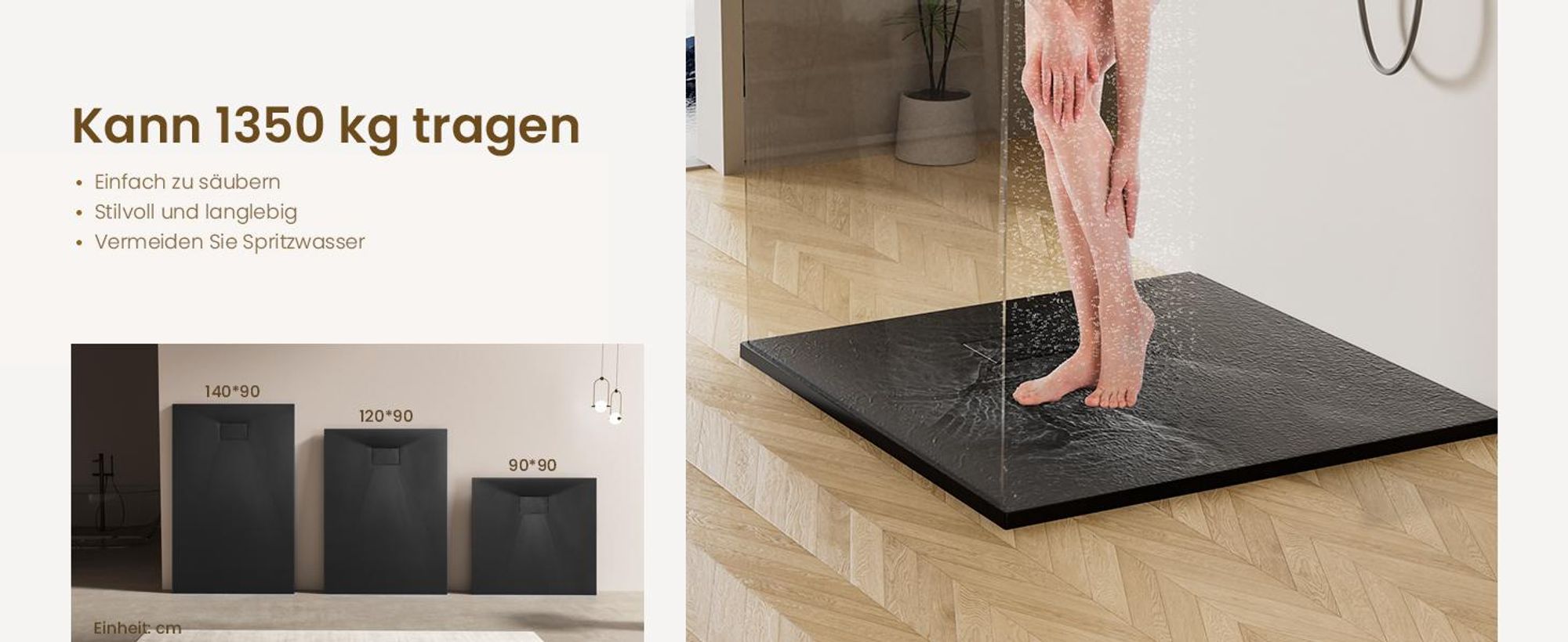 EMKE Duschwanne Flach Quadratisch 90x90cm Duschtasse mit Rutschfeste Struktur in Schwarz Steinoptik