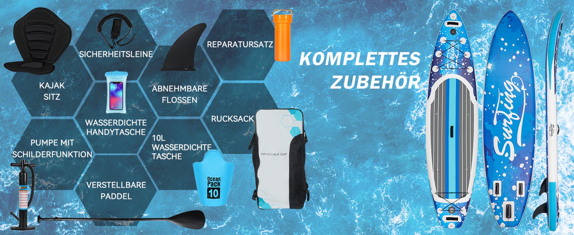 Puluomis SUP Board mit Sitz 335cm, Stand Up Paddle Boards Set, Paddling Paddelboard Surfbrett Aufblasbar, Pumpe Tragetasche, MB. bis 150Kg Blau