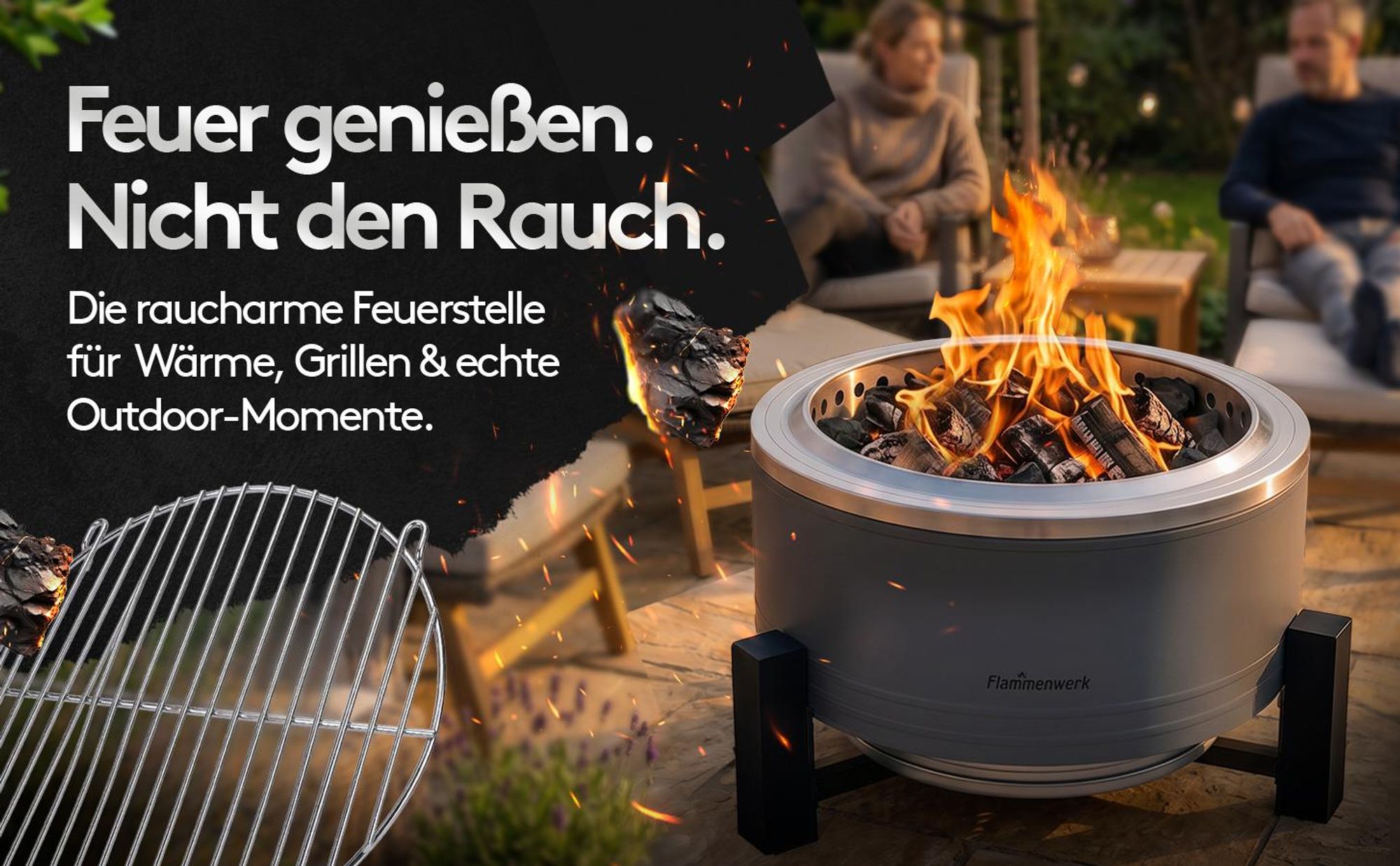 Flammenwerk 15 Zoll Smokeless Fire Pit Feuerstelle mit Sekundärverbrennung, Outdoor Feuerschale Ø 38,4 cm mit Grillrost, Standfuß und Schürhaken, raucharme Garten Feuerstelle aus Stahl für Terrasse Camping Garten