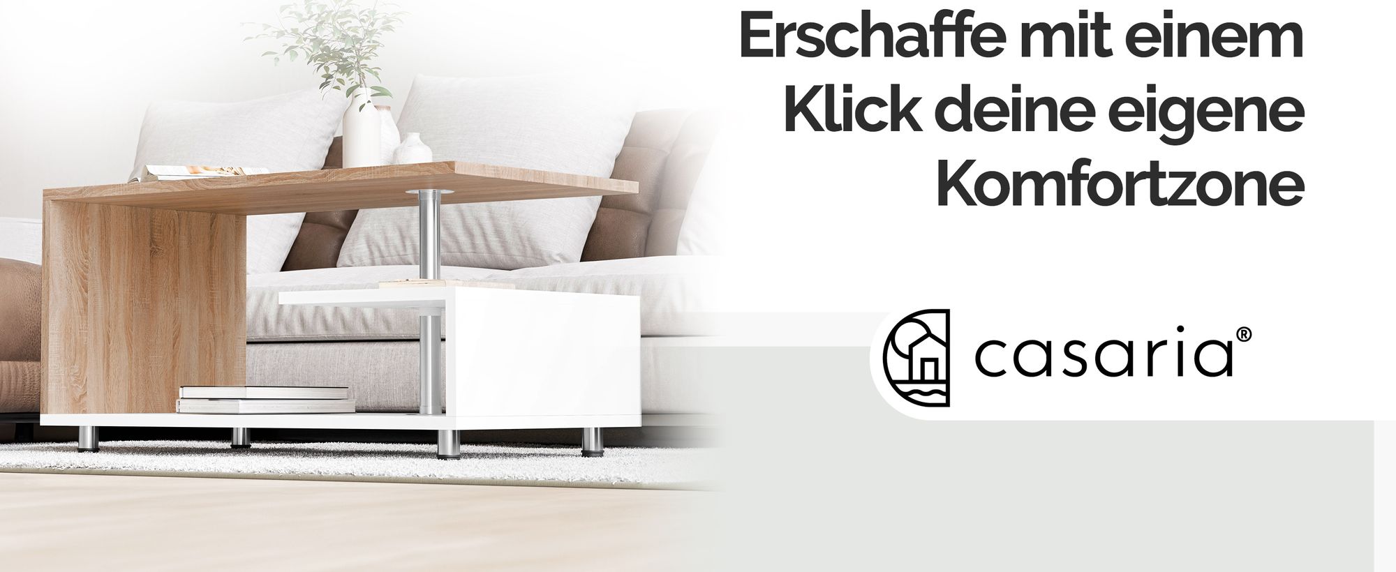CASARIA® Couchtisch Weiß Eiche Holz mit Stauraum 95x55cm Edelstahl Füße Höhenverstellbar Ablage Modern Rechteckig Beistelltisch Wohnzimmer Tisch Couch
