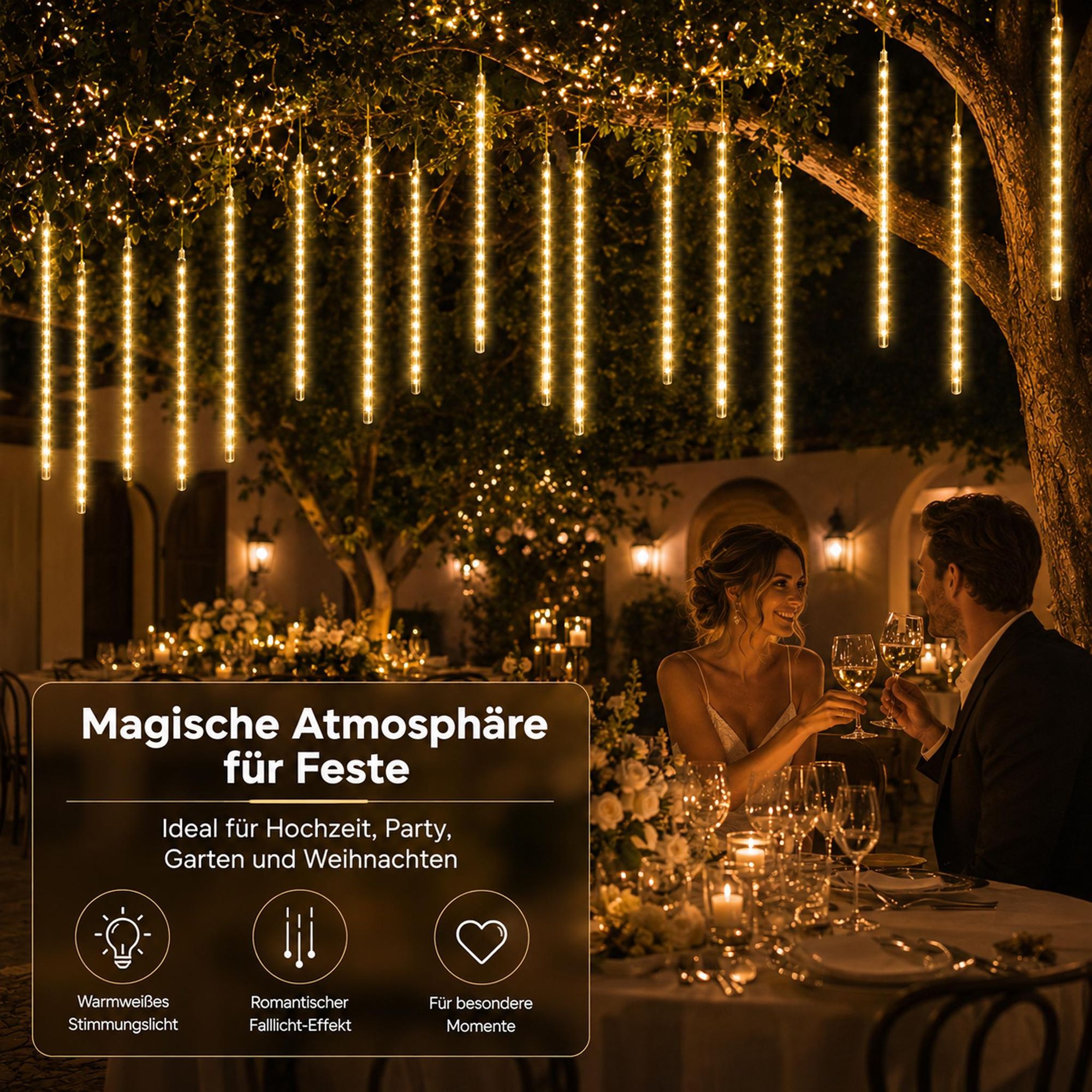 2.4M Meteorschauer Lichterkette 192 LED Weihnachtsdeko Eiszapfen Lichterkette Winter Halloween Dachrinne Fenster Garten Balkon Deko, Warmweiß
