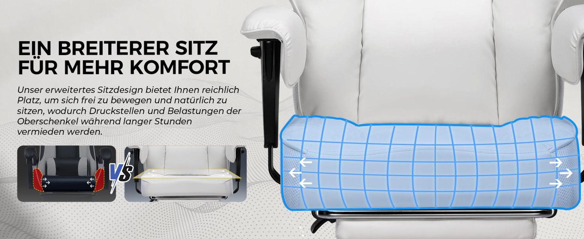 GTPLAYER Gaming Stuhl, breiter Bürostuhl mit Taschenfeder, Ergonomischer PC-Stuhl, Verstellbarer und Drehbarer Schreibtischstuhl, Kunstleder, weiß