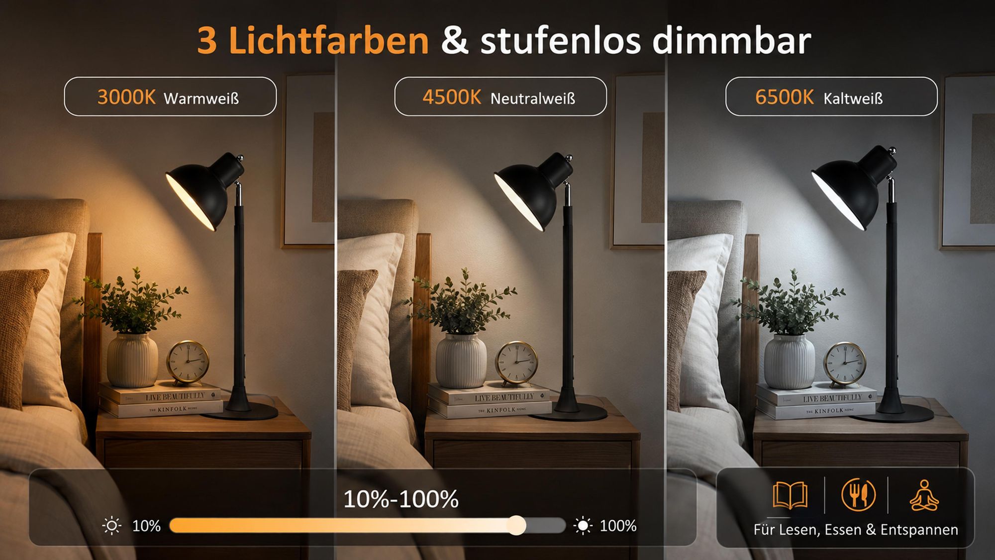 LED Tischlampe Höhenverstellbar 45-145cm - 2-in-1 Stehleuchte Schwarz mit USB Dimmbar 3 Lichtfarben 150° Drehbar Leselampe für Wohnzimmer Nachttisch