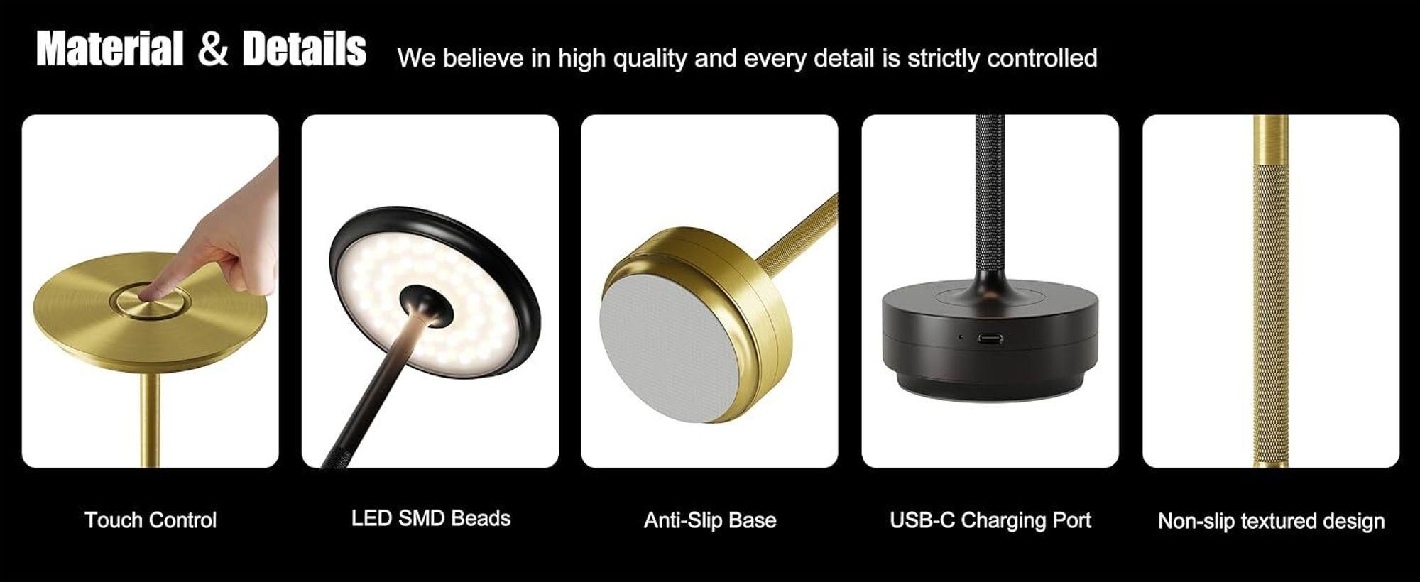 6er Set Kabellose Dimmbare LED Akku Tischleuchten, Touch Tischlampen, 3 Lichtfarben, Nachttischlampen für Wohnzimmer Schlafzimmer, Gold