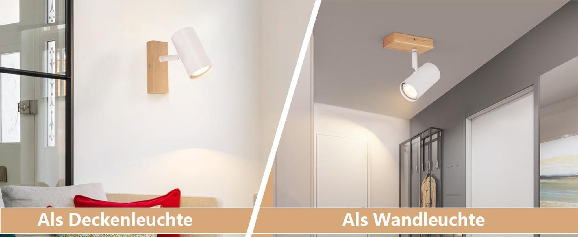 ZMH Deckenleuchte Weiß Deckenstrahler 1 Flammig Holz Deckenlampe GU10 Deckenspots Schwenkbar 350° Spotslight für Wohnzimmer Schlafzimmer Küchen Korridor Esszimmer
