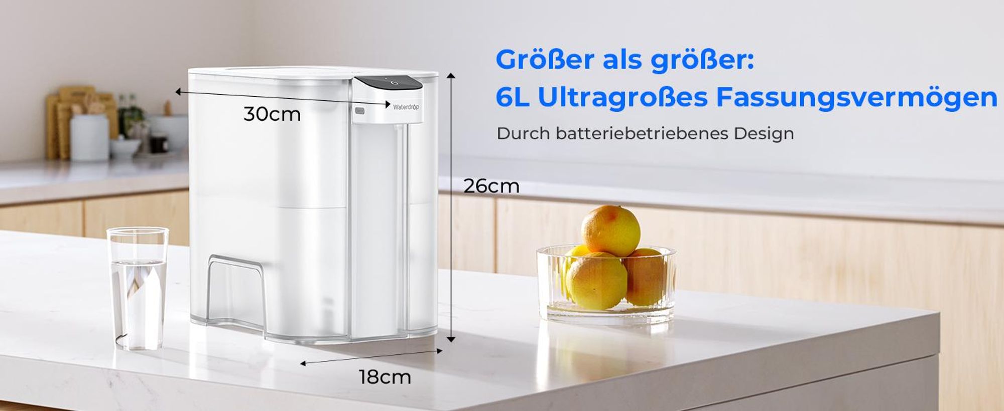 Waterdrop Mega Sofortiger Elektrischer Wasserfilterkrug mit 3 Filter, 6L Wasserfilterkannen, Reduziert Chlor, Blei, Quecksilber, 757 Liter, Weiß