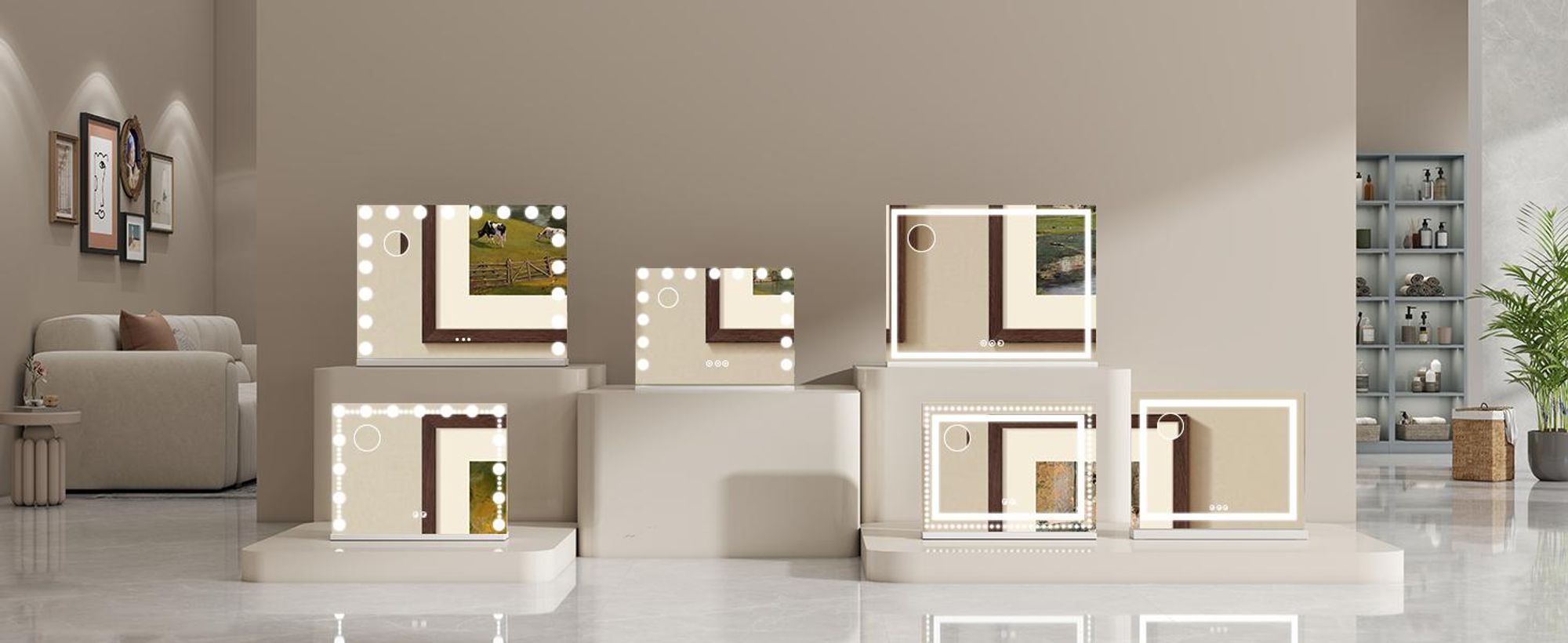Puluomis Kosmetikspiegel Hollywood 15 LED 58x45cm 3 Farben Dimmbar Schminkspiegel mit Beleuchtung, USB,TYPC, 10xVergrößen, Spiegel Wandspiegel weiß