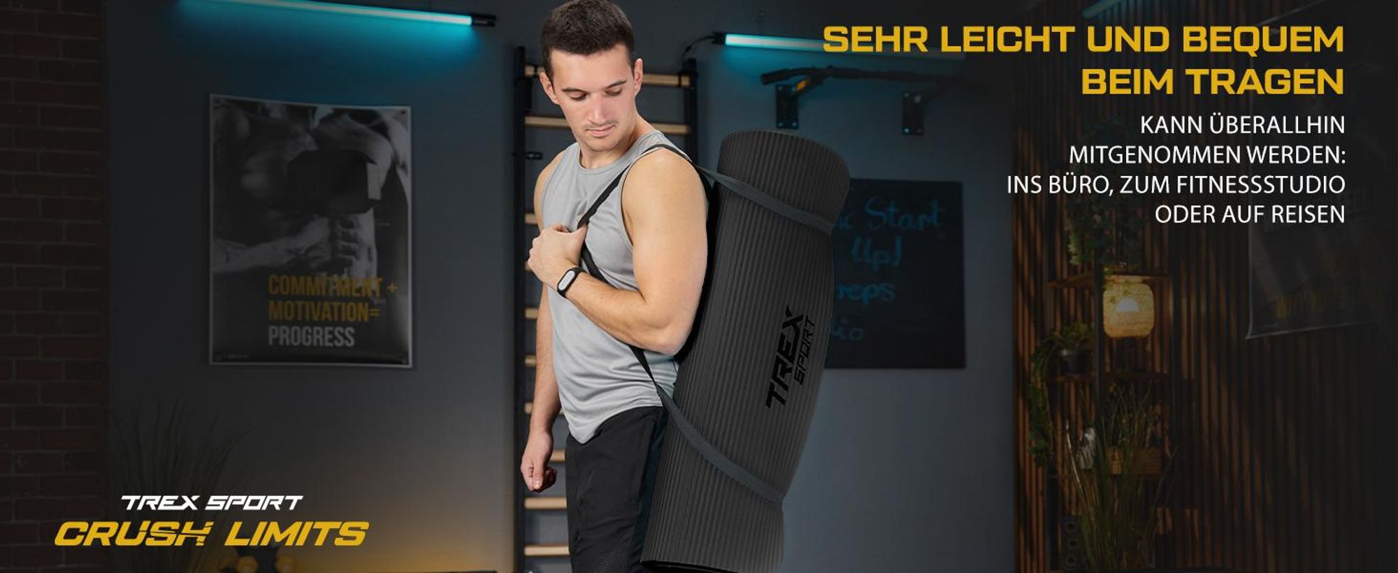 TREX SPORT Gymnastikmatte Fitnessmatte 2cm TX-029NGM | Yogamatte Pilates 190×80×2cm | Trainingsmatte rutschfest, wasserdicht | Sportmatte schwarz