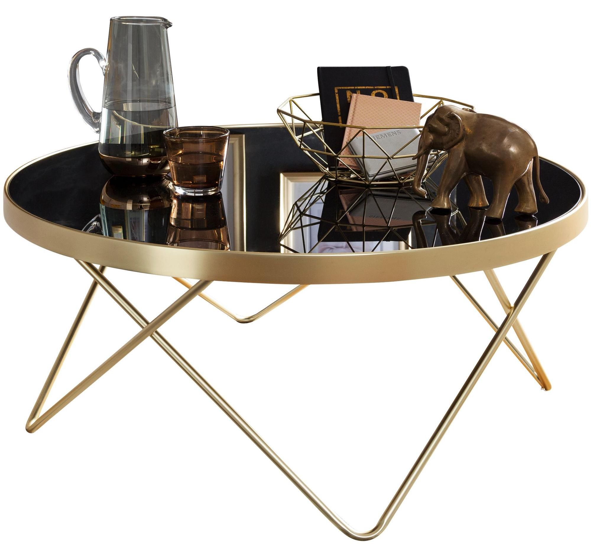 möbelando Couchtisch – runder Glastisch mit goldenem Metallgestell und Retro-Charme