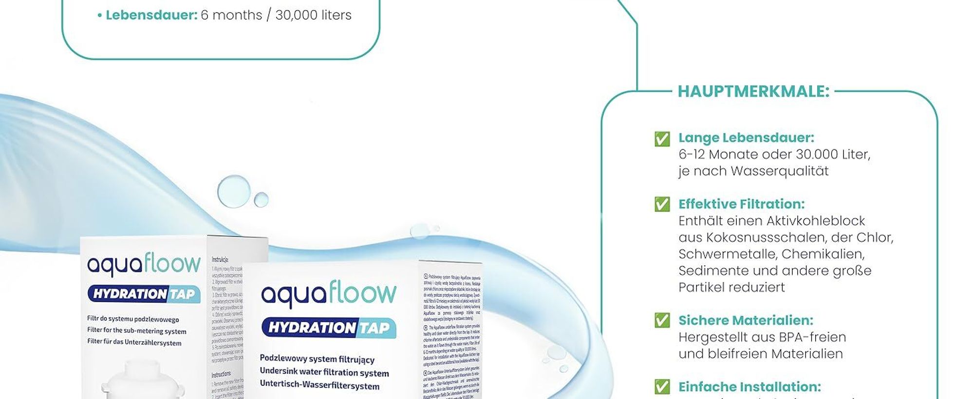 AquaFloow Untertisch Wasserfilter Aktivkohle Trinkwasserfilter Küchenfilter 12–18 Monate