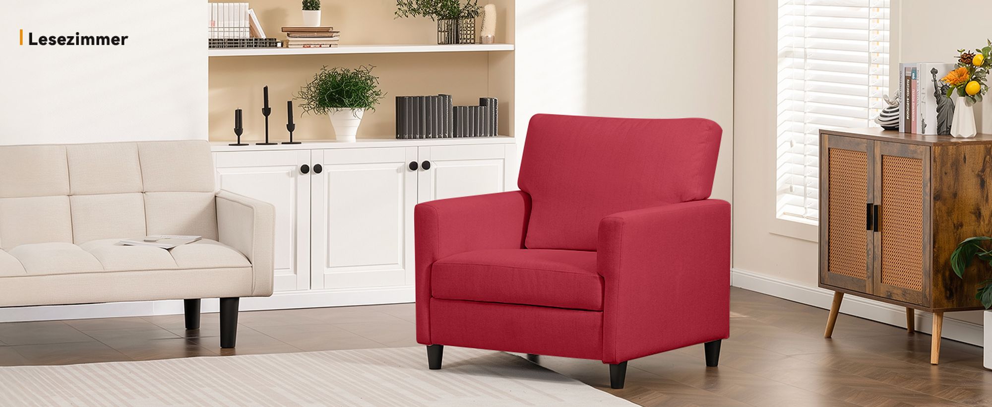 COMHOMA Relaxsessel Fernsehsessel TV-Sessel für Schlafzimmer, Leseecke Seitenstuhl mit Weicher Memory-Schaum Loungesitz, Leinenbezug, Rot