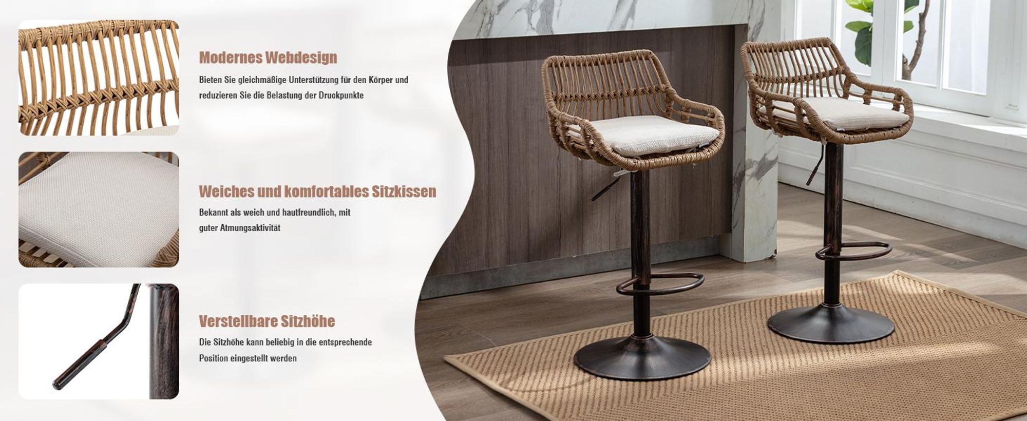 LVHOM 2er Set Barhocker Rattan mit Metallsockel, Barstuhl mit Rückenlehne, Gartenmöbel Balkonmöbel, höhenverstellbar Hocker 360° drehbar, Beige