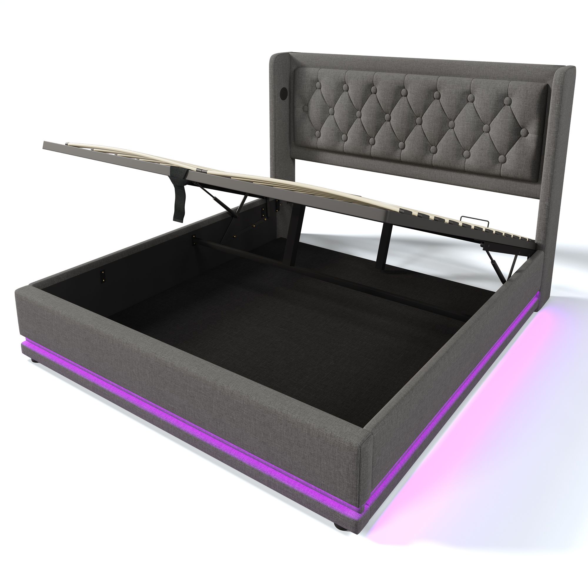 Flieks Polsterbett 160x200cm mit USB & Typ-C, Doppelbett Jugendbett mit LED, Hydraulisches Stauraumbett Boxspringbett mit Lattenrost, Baumwolle, Grau
