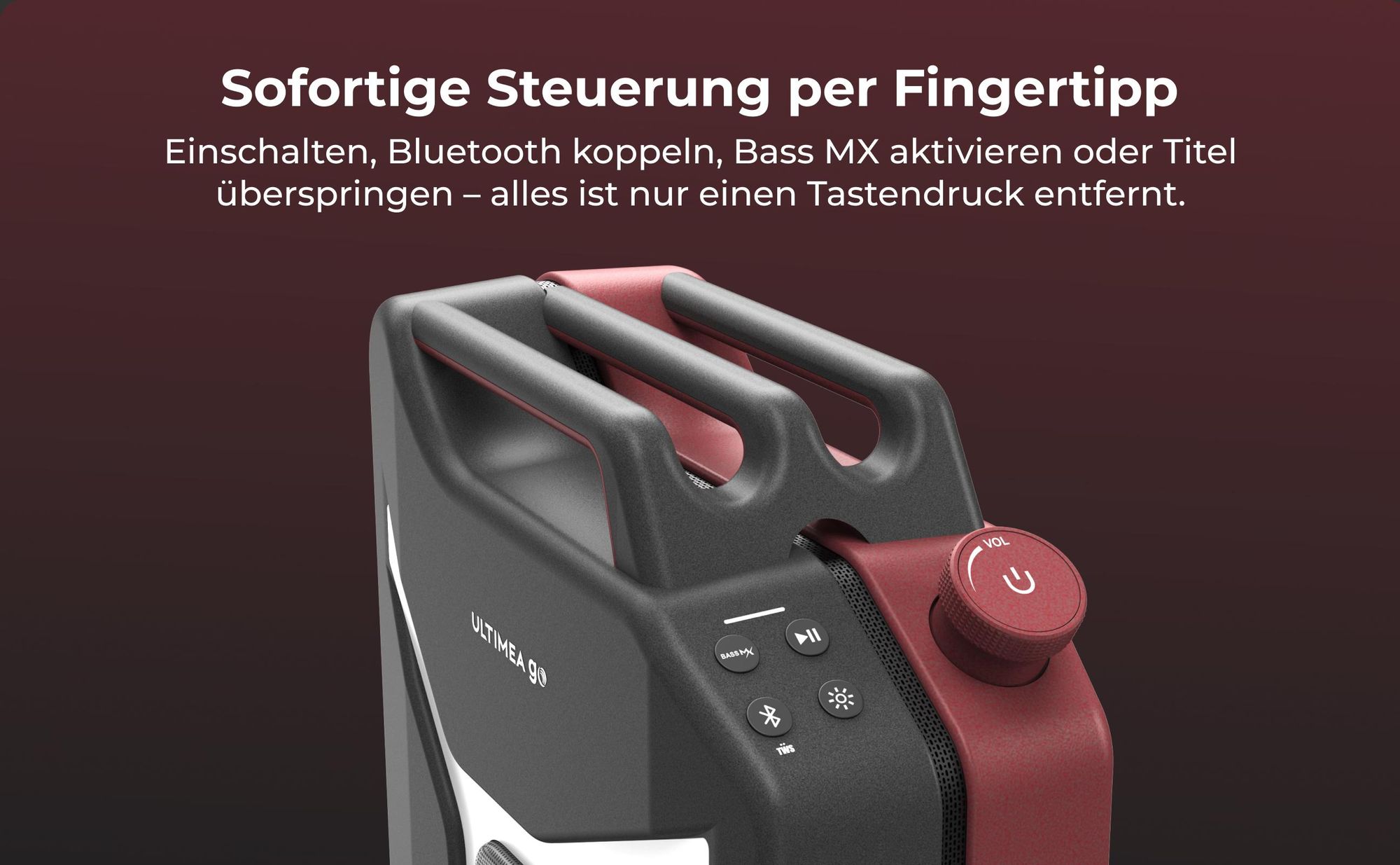 ULTIMEA Go tragbarer Party-Lautsprecher, 300 W Bluetooth PartyBox mit Bass-Boost, RGB-Beleuchtung, Mikrofon-/Gitarreneingang, Party & Outdoor, Rot