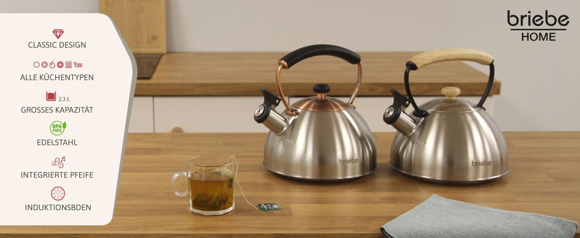 Briebe I-Bronze Wasserkessel Induktion Flötenkessel 2,3L Edelstahl, Retro, Bakelit Handgriff Inox/ Bronze