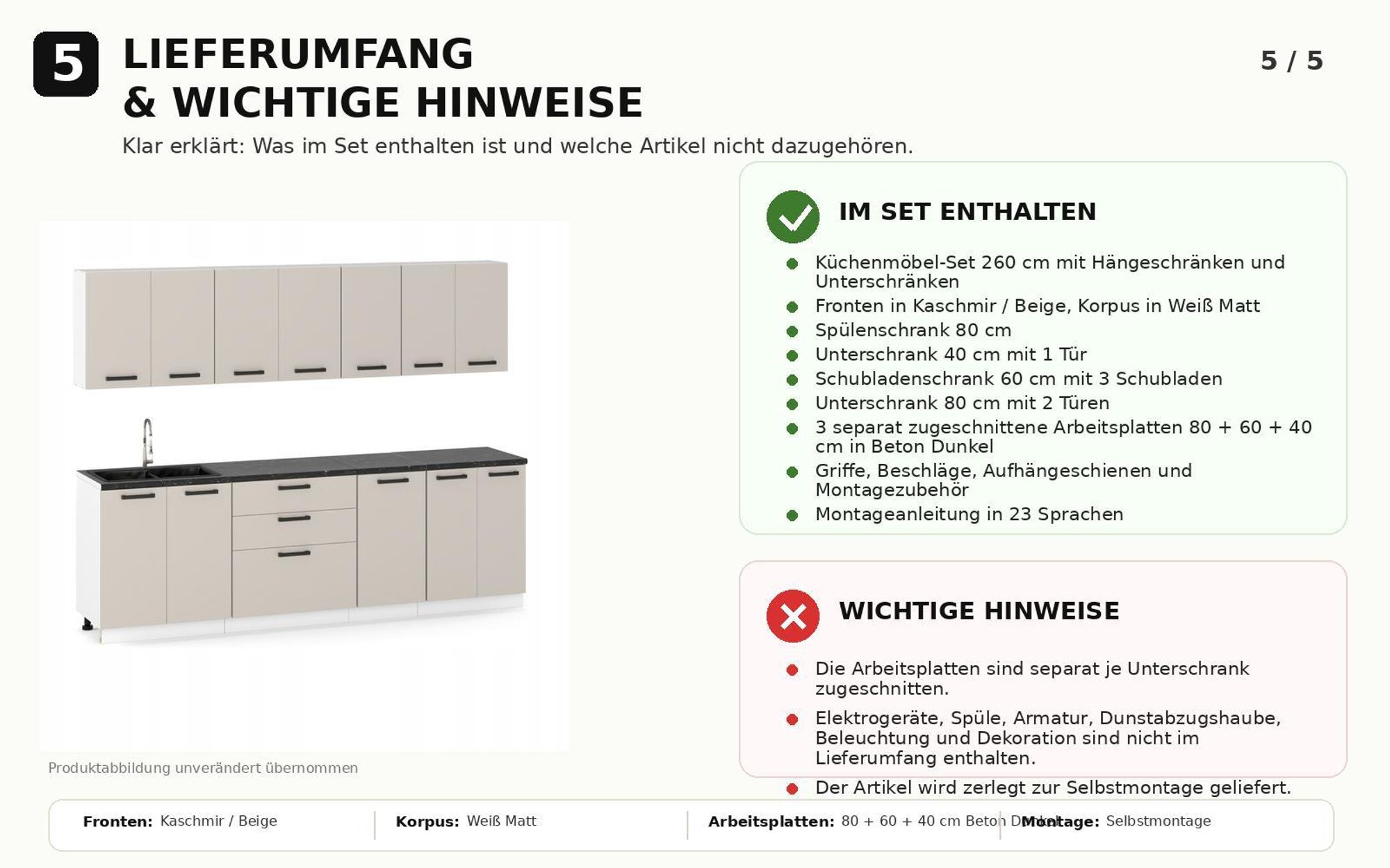 Lieferumfang der Küchenzeile 260 cm mit Schränken, Arbeitsplatten und Montagezubehör