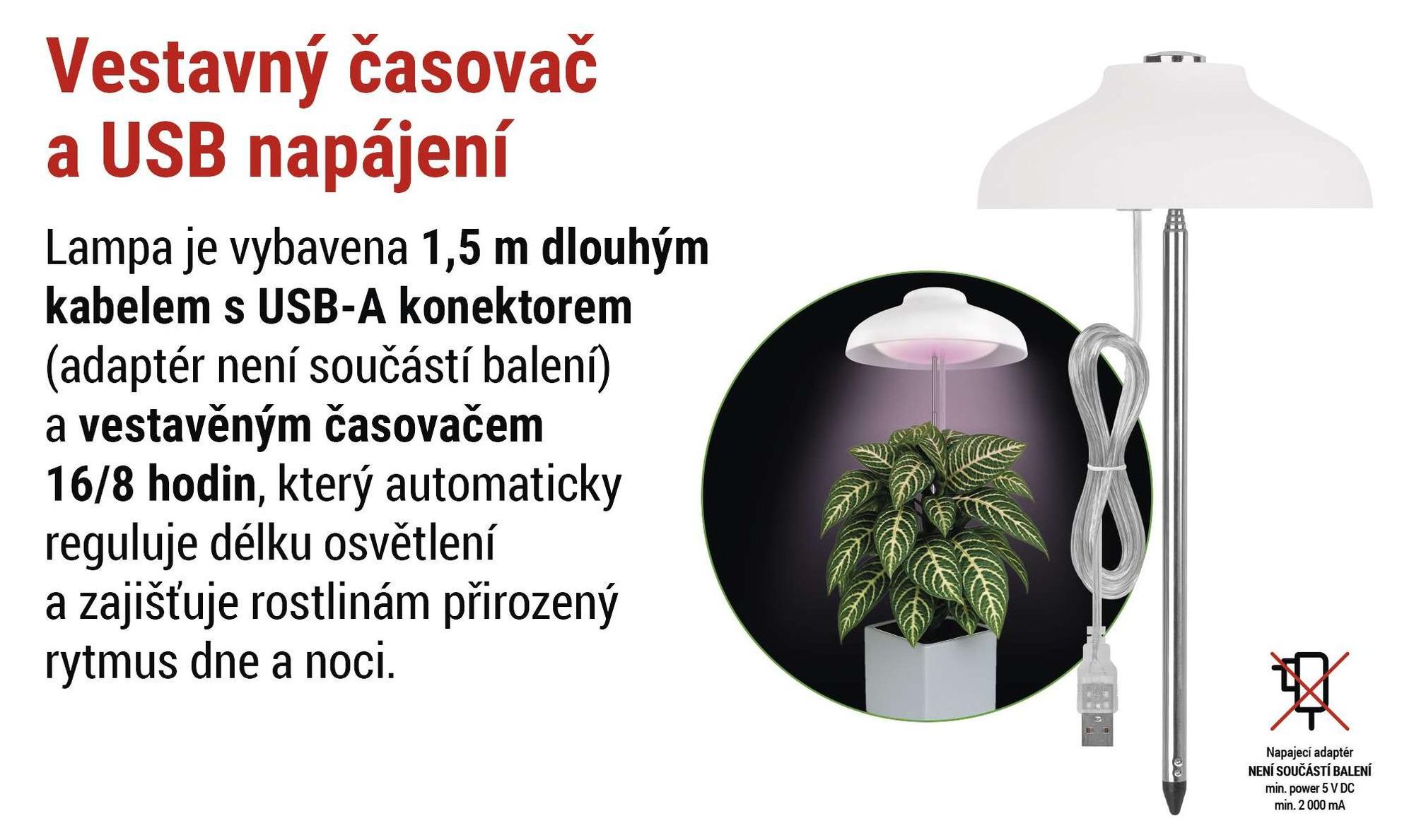 EMOS LED pěstební lampa pro pokojové rostliny a sukulenty, v designu stínidla s časovačem, výškově nastavitelná, 235 lm, 1,5 m USB kabel, Z7901
