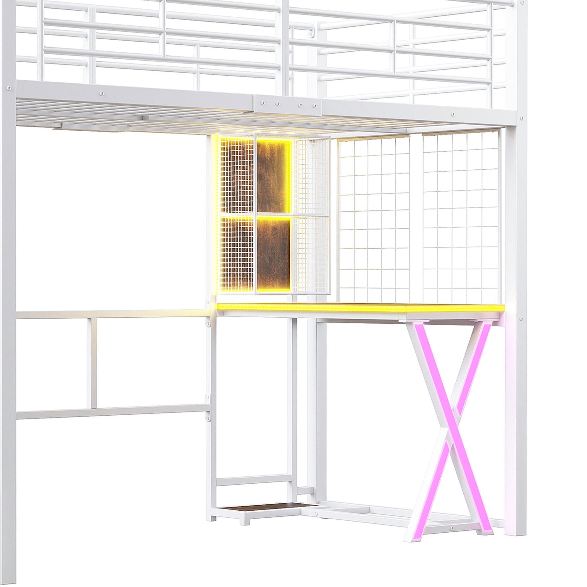 Merax Etagenbett Hochbett 140x200 cm, mit LED, Schreibtisch, Kleiderschrank, Ablageleiter, Regale, Metall Stockbett, Kinderbett, Weiß