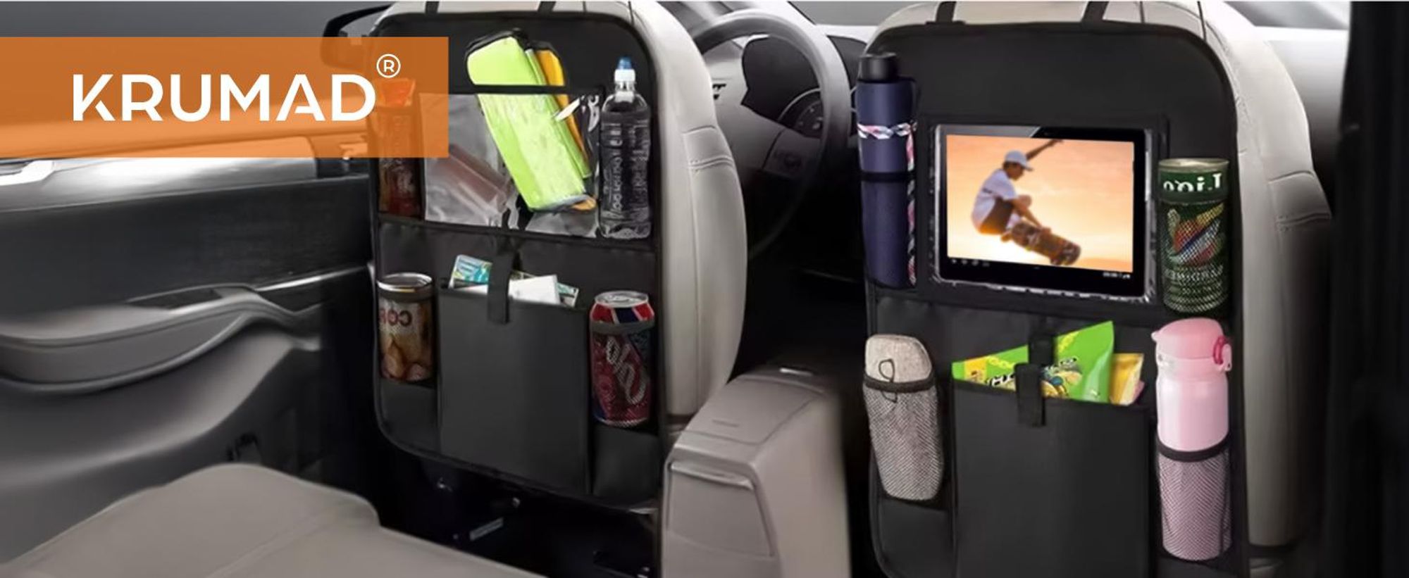 KRUMAD Auto Rücksitz Organizer für Kinder – Rücksitzschoner mit Tablet-Fach & großer Aufbewahrung – Sitzschutz gegen Schmutz mit vielen Taschen