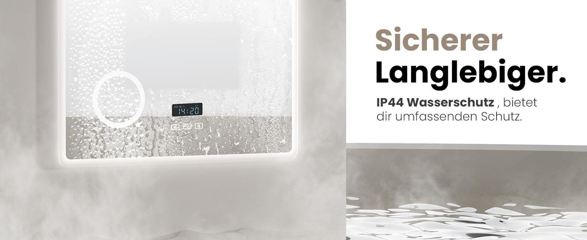 EMKE Badspiegel mit 3X Vergrößerung Touchschalter 3 Lichtfarben Dimmbar Antibeschlag Uhr Bluetooth 80X60cm