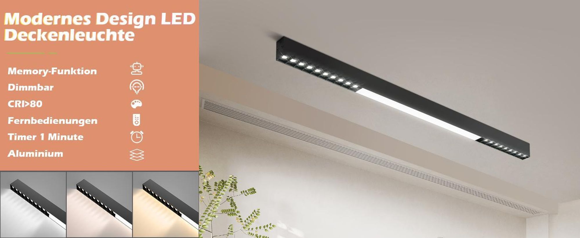ZMH Stropní svítidlo LED stropní světlo černé 32W 107CM dlouhé moderní stmívatelné s dálkovým ovládáním Stropní osvětlení pro obývací pokoj kuchyň kancelář ložnice