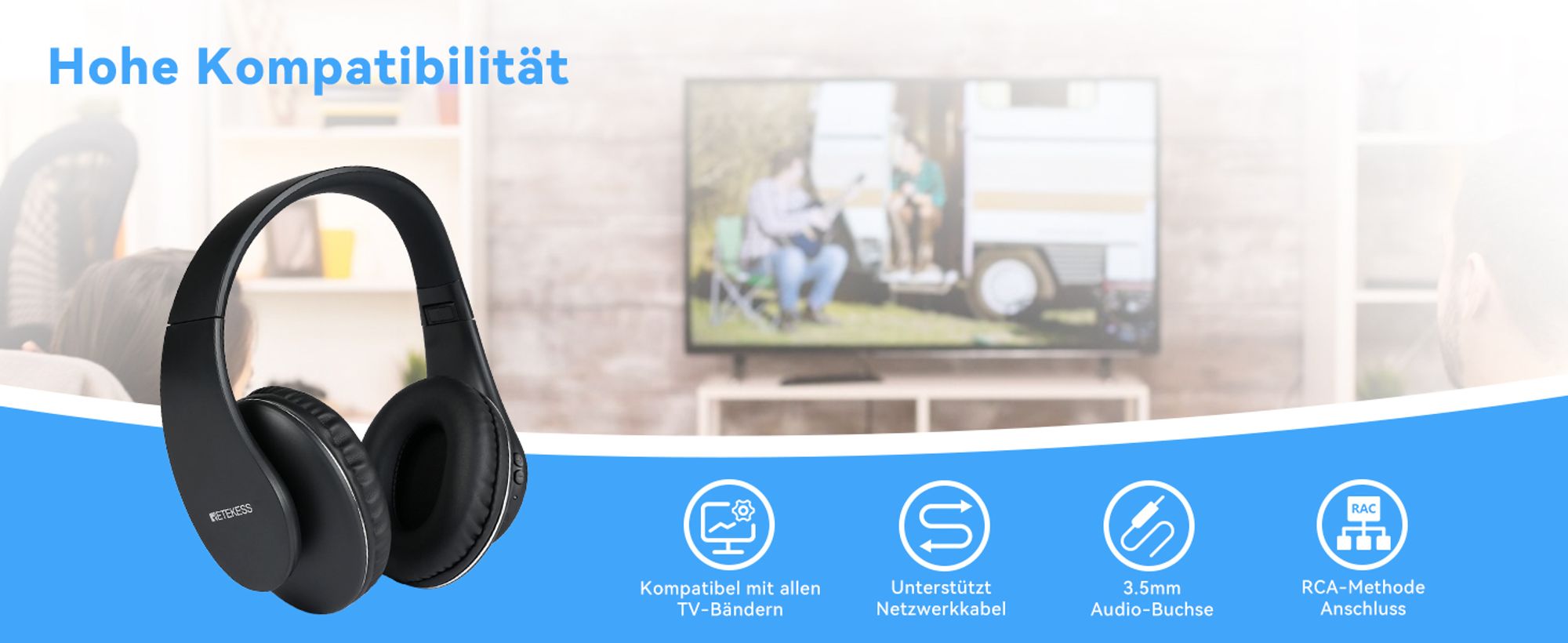 Retekess TA005P Kabellose Kopfhörer für TV, Ohrenschützer der zweiten Generation, High-Definition-Klangqualität, mit Kopfhörerständer, für Familien