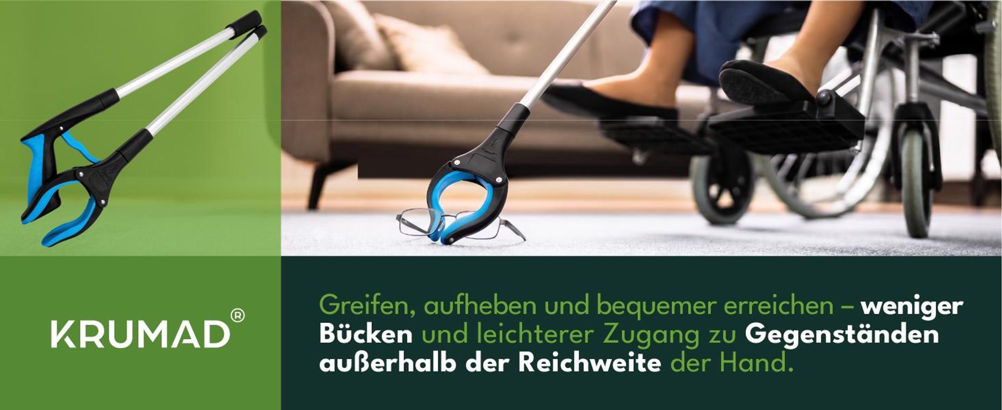 KRUMAD Greifzange 83 cm, Greifarm für Senioren, Müllzange mit Magnetkopf, zusammenklappbare Greifhilfe aus Aluminium und PP für Haushalt und Garten