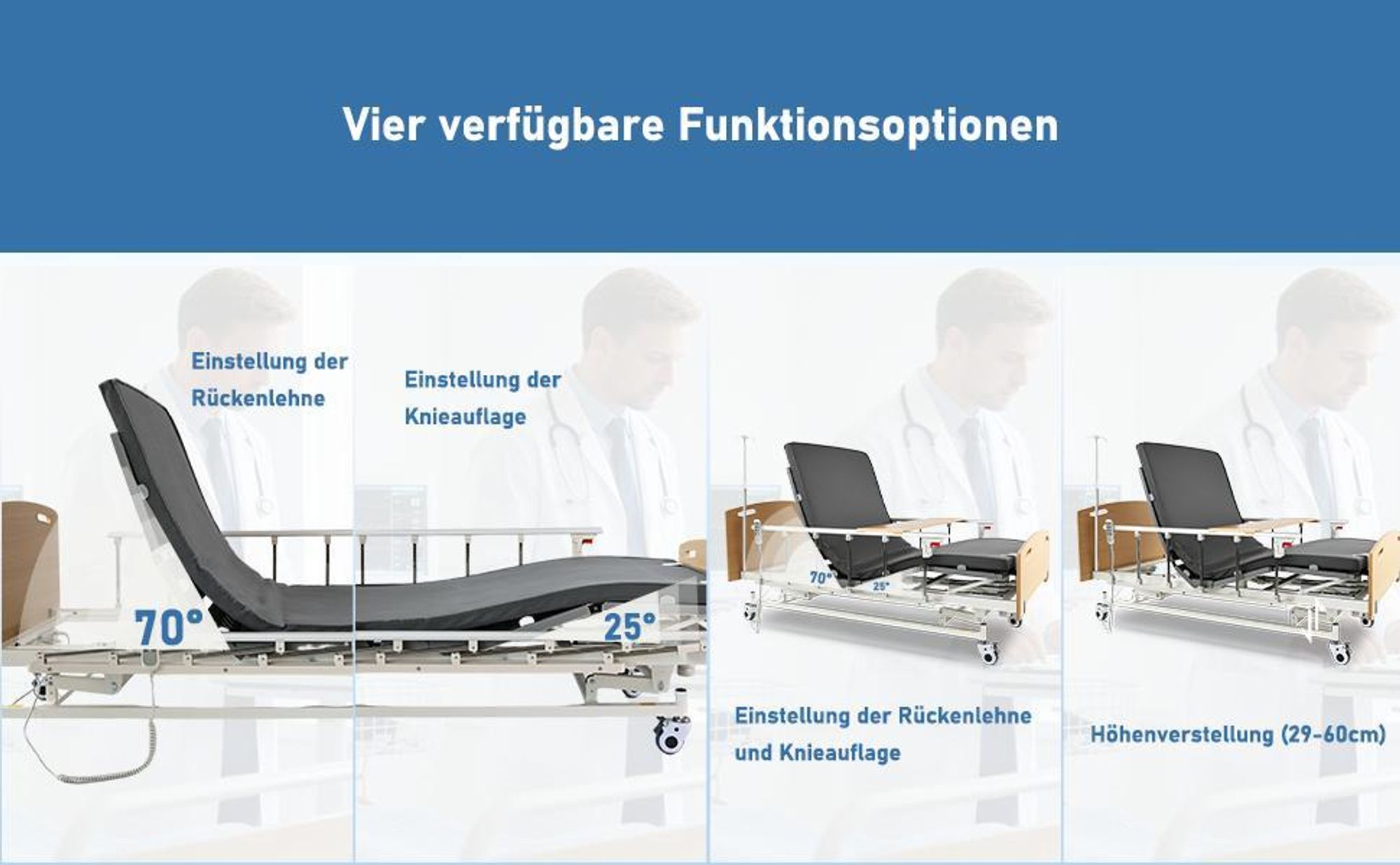 Elektrisches Pflegebett 4 Funktionen, höhenverstellbares Krankenbett 29–60 cm mit Matratze, Seitengitter, Tischplatte, Infusionsständer, 205 kg