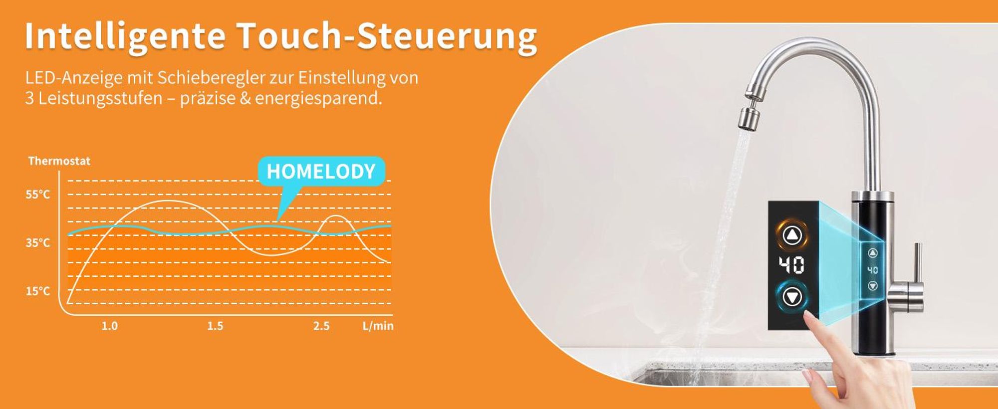 Elektrische Küchenarmatur mit Durchlauferhitzer, Gebürstet Wasserhahn Küche mit LED Temperaturanzeige,Smart Heater Wasserhahn 360° drehbar