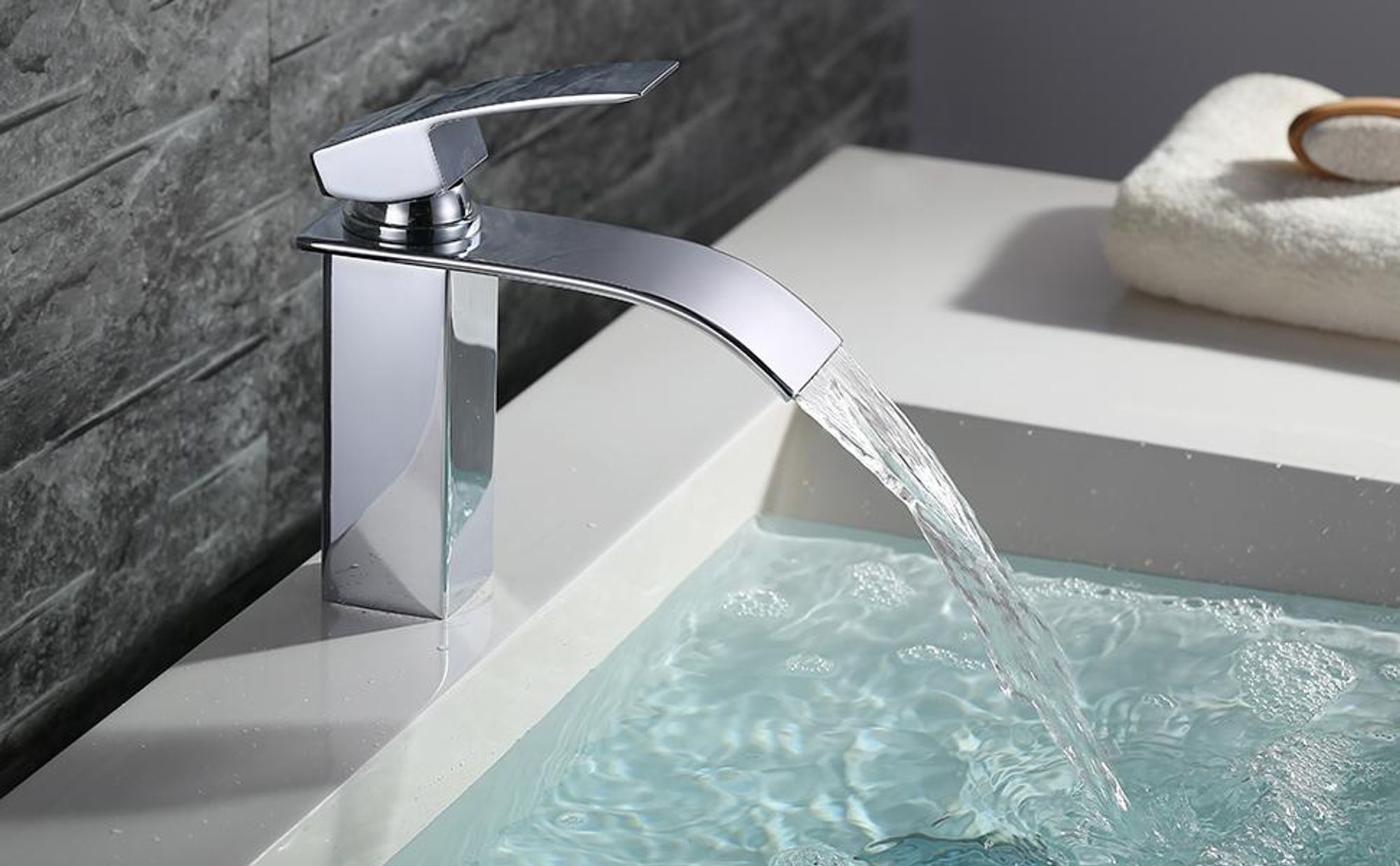 Wasserhahn Bad wasserfall Armatur aus Messing+Universal Ablaufgarnitur Weiß Pop-Up Ventil 1 1/4 Zoll Waschtischarmatur Einhandmischer Waschbecken