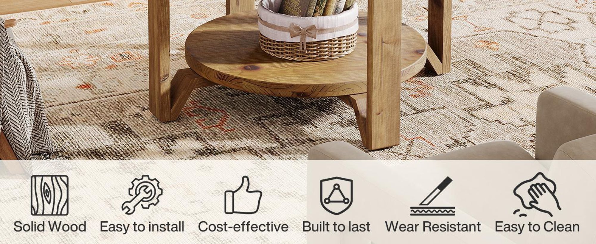 Tavolino rotondo Tribesigns in legno massiccio, 80 cm, due ripiani, soggiorno, stile country, legno massiccio marrone con venature naturali