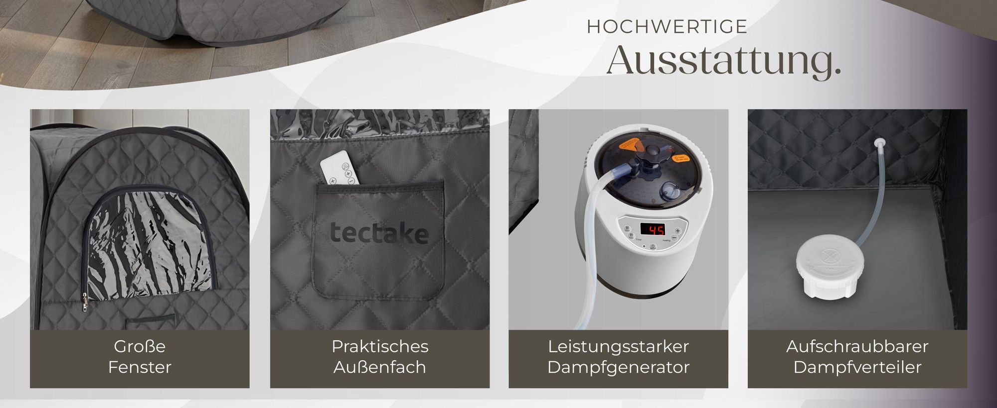 tectake® Mobile Dampfsauna ThermaLuxe I 2 l Dampfgenerator mit 1000 W inkl. Fernbedienung, Matte, Klappstuhl und Tragetaschen