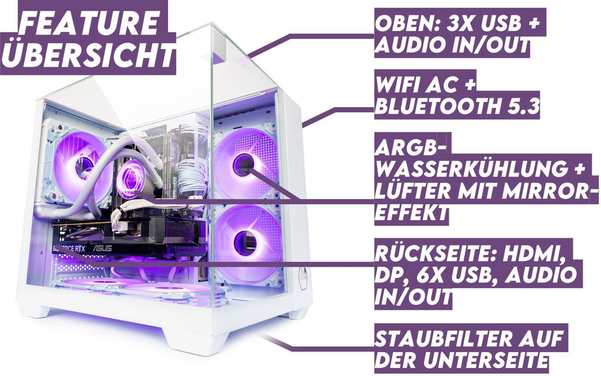 VENOM White Gaming PC, Wasserkühlung, ARGB, WLAN+ Bluetooth, mit Intel®, 64 GB RAM, 500 GB SSD, AMD RX 570 8GB, Win 11 Pro