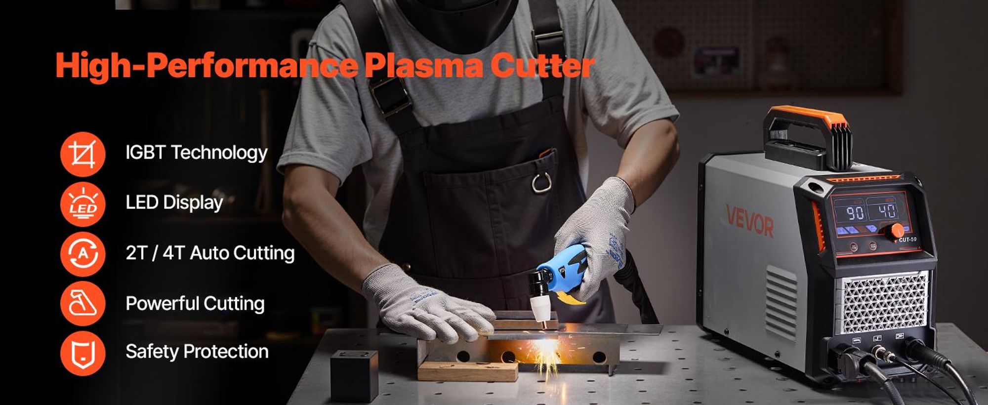 VEVOR Plasmaschneider, 50A Plasmaschneidgerät, Digitalanzeige IGBT Inverter-Schneidemaschine mit 2T/4T-Funktion & einstellbarer PA/PT-Zeit, Ideal für Heimreparaturen, Werkstätten