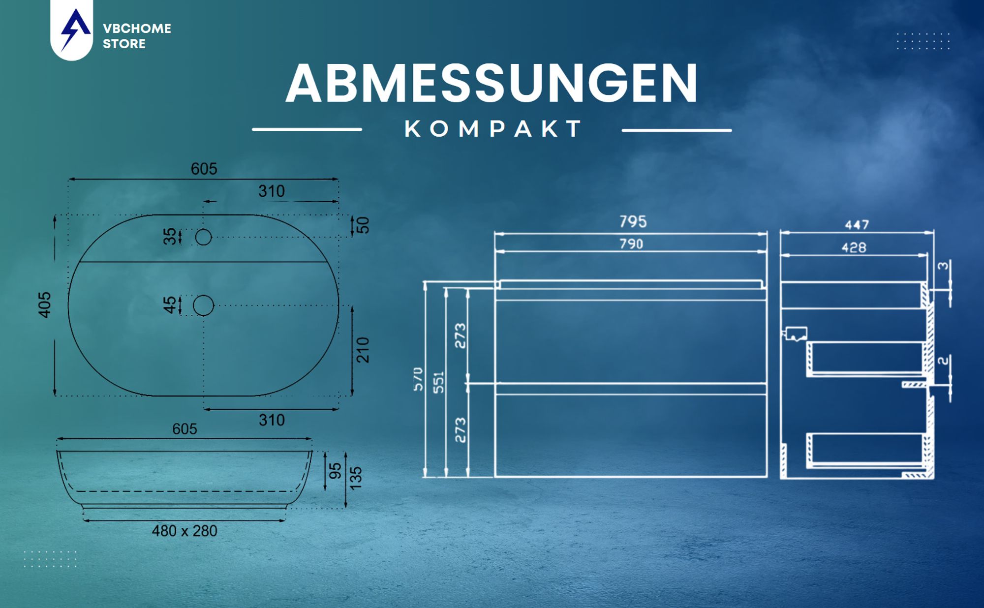 VBChome Badmöbel 80 cm Weiß Aufsatzwaschbecken mit Hahnloch 60x40 cm Aufsatzwaschtisch mit Waschbeckenunterschrank 2 Schubladen Badezimmerschrank