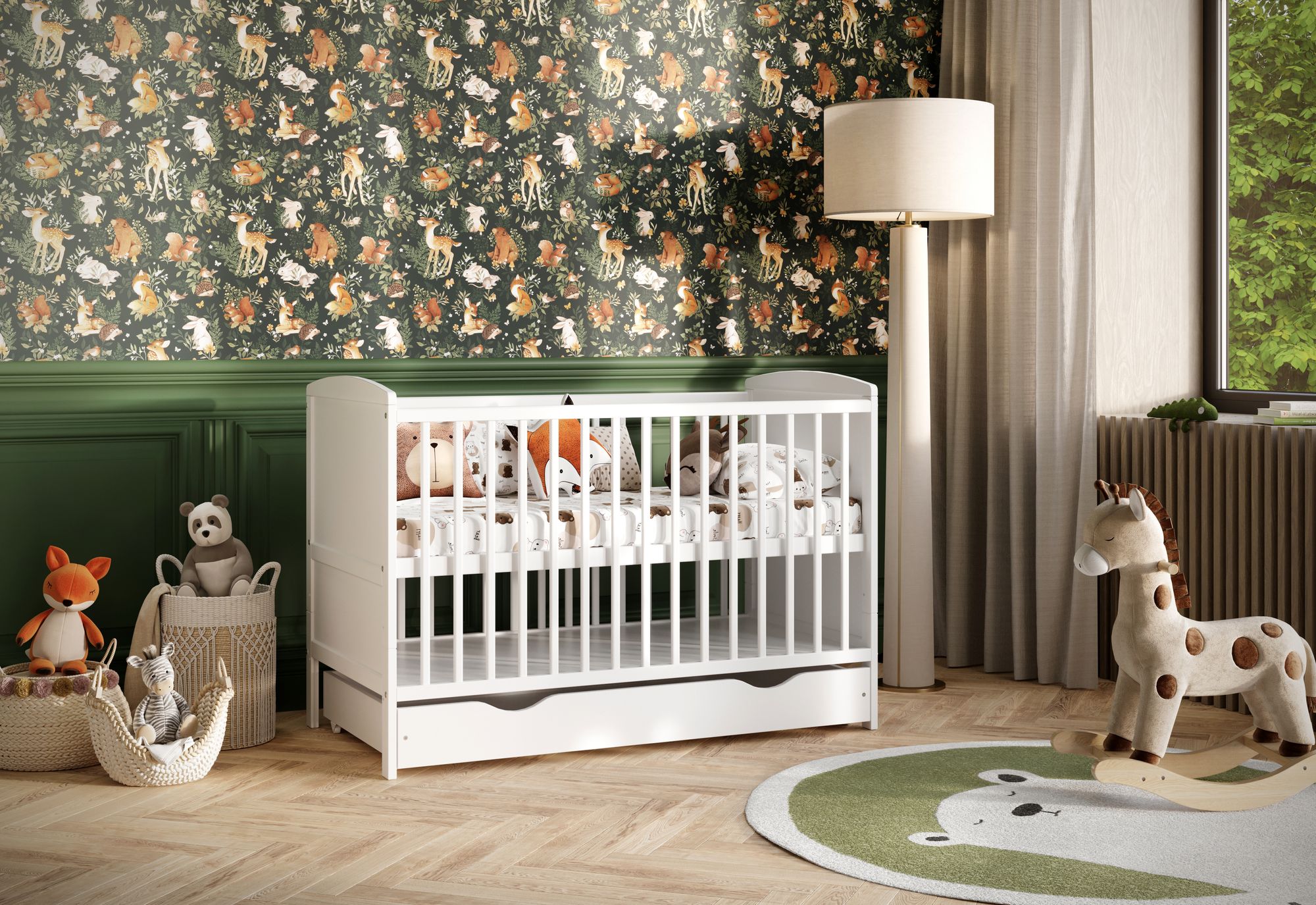 Babybett Leo 60×120 cm mit Schublade, Sofafunktion, verstellbarem Lattenrost und herausnehmbaren Sprossen (ohne Matratze)