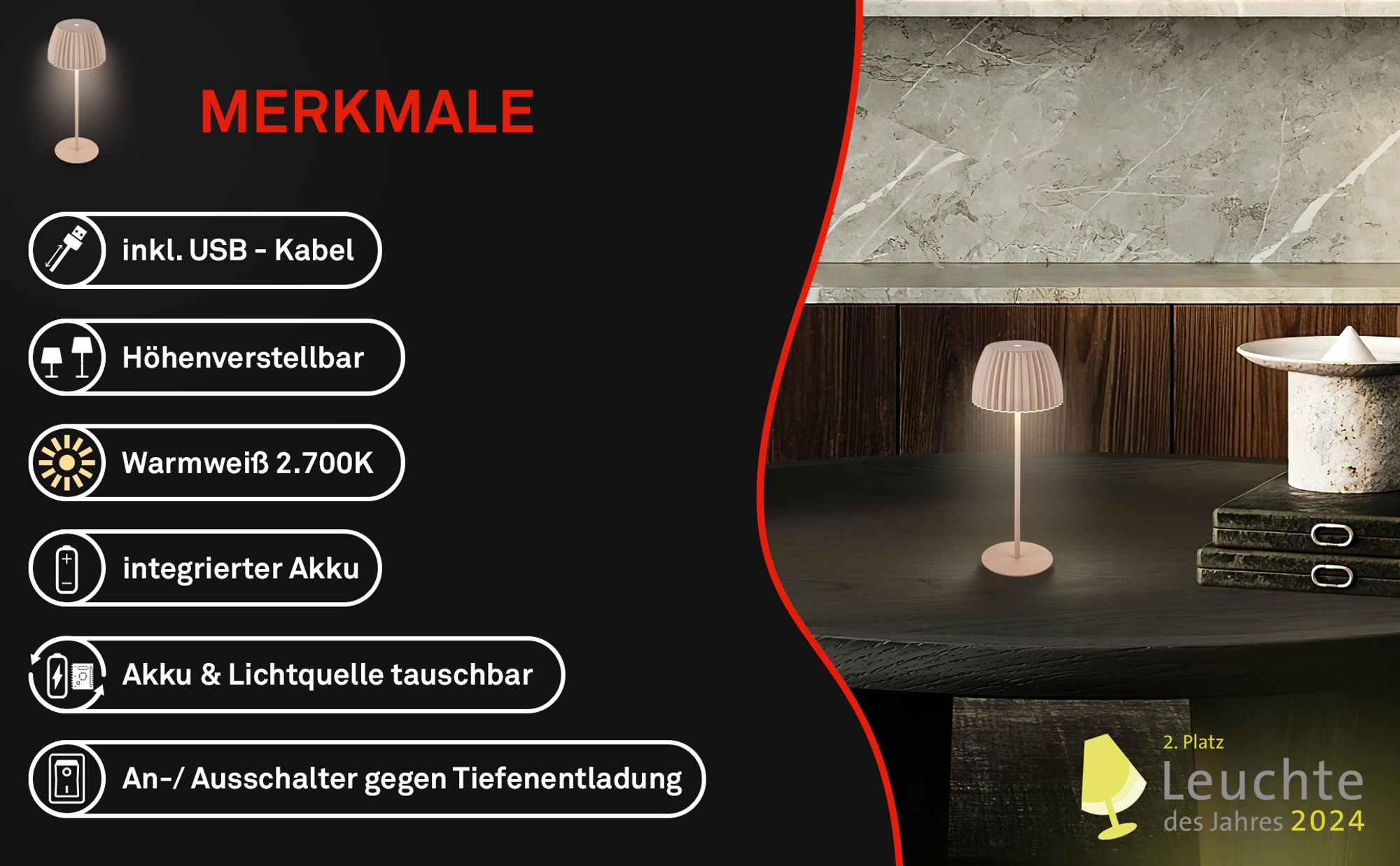 Riffle LED Tischlampe Akku Tischleuchte Höhenverstellbar Dimmbar Kabellos Beige