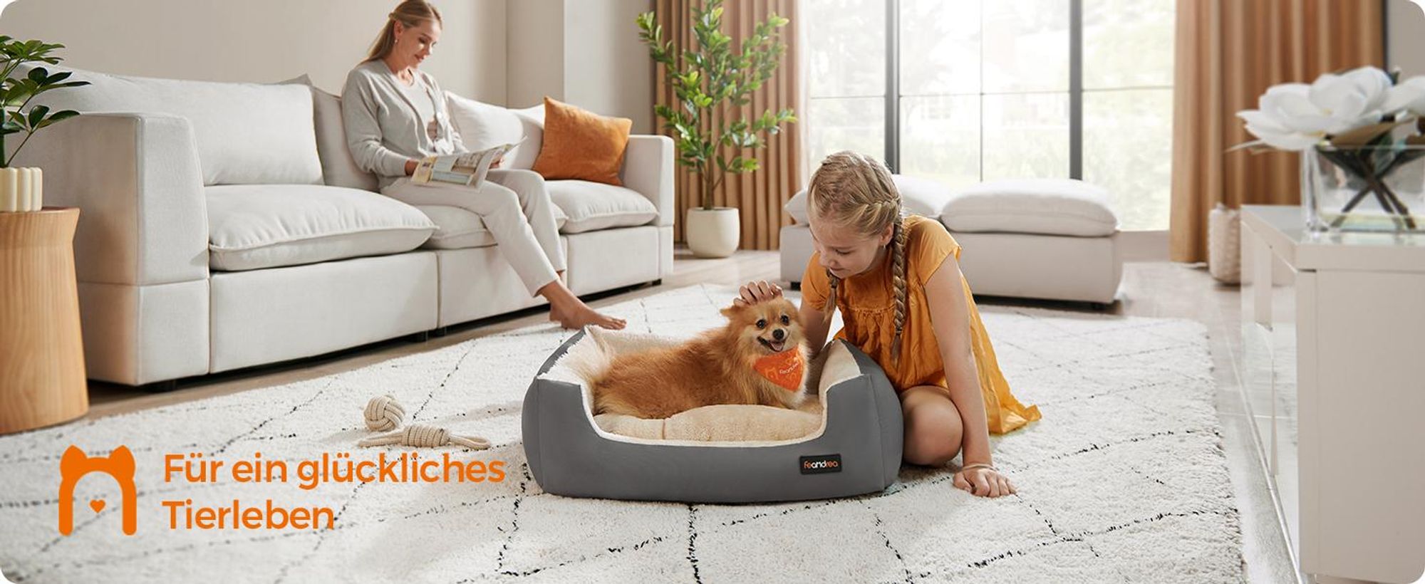 FEANDREA Hundebett, Hundekorb mit Wendekissen, 70 x 55 x 21 cm, grau