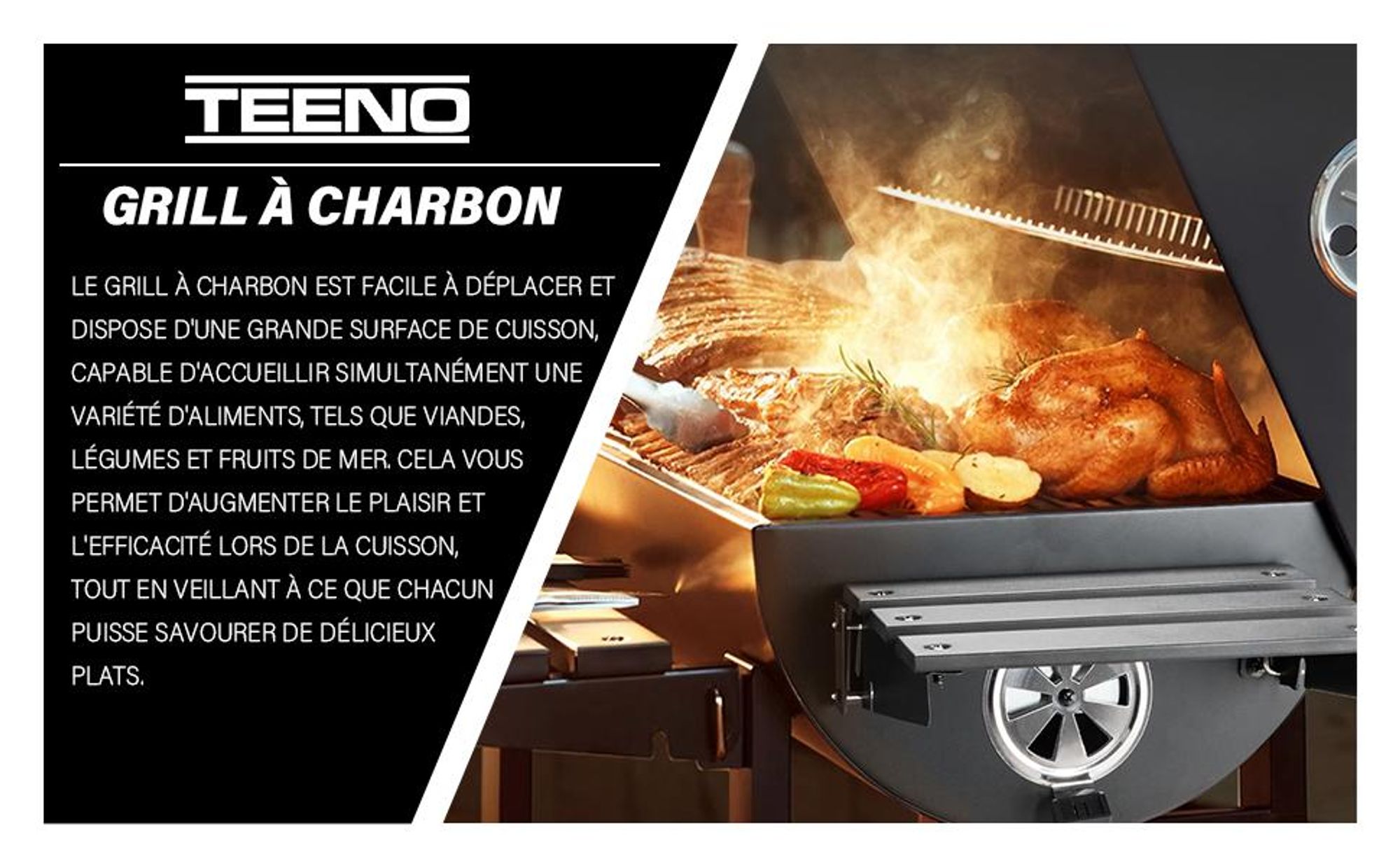 TEENO Chariot à Barbecue de Bois,Grill XXL à Charbon avec Couvercle, Thermomètre,Tiroir à Cendres,Gants anti-brûlures, Évent Réglable,Basic